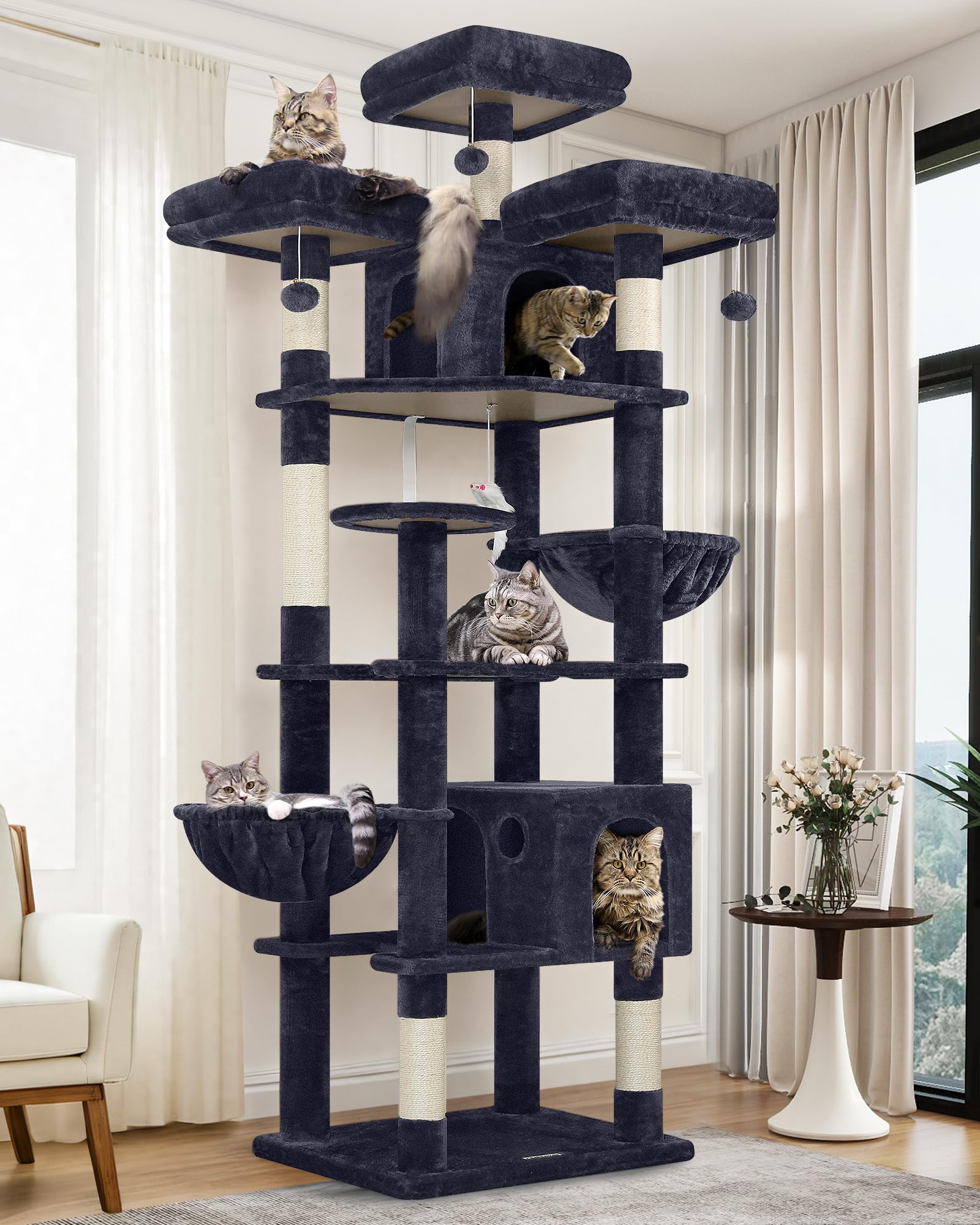 Globlazer Cat Tree Tower XXL 209 cm for Indoor Cats 2 Cat Caves, Platform Lounging Area, Hanging Baskets, Heavy Duty Cat Tree Tower Large for Multi-cat Stable Easy to Assemble (F82, Dark Gray)