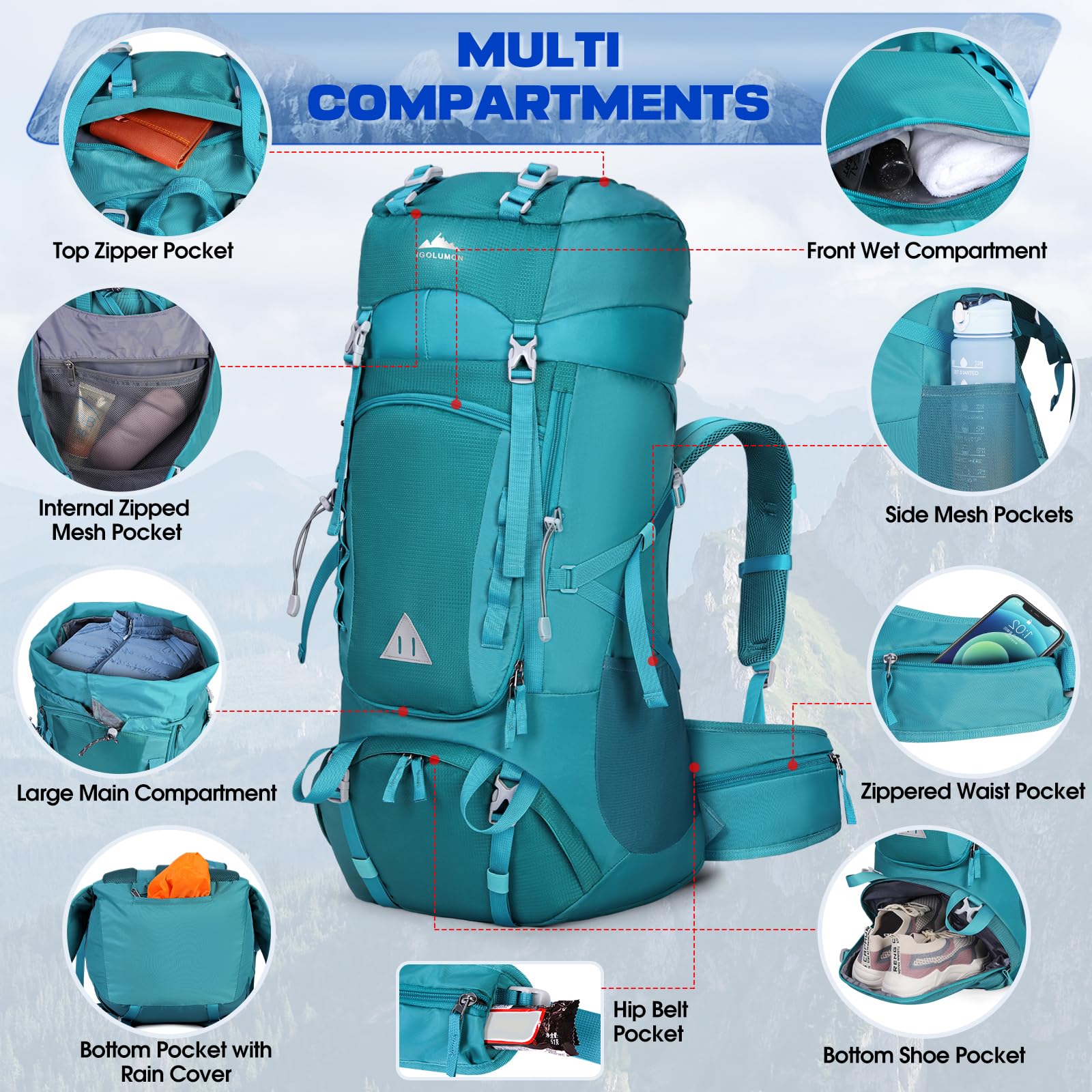 IGOLUMON Sac à Dos Randonnée 60L avec Housse de Pluie pour Homme Femme - Trekking, Camping, Pédestre, Voyage et Alpinisme