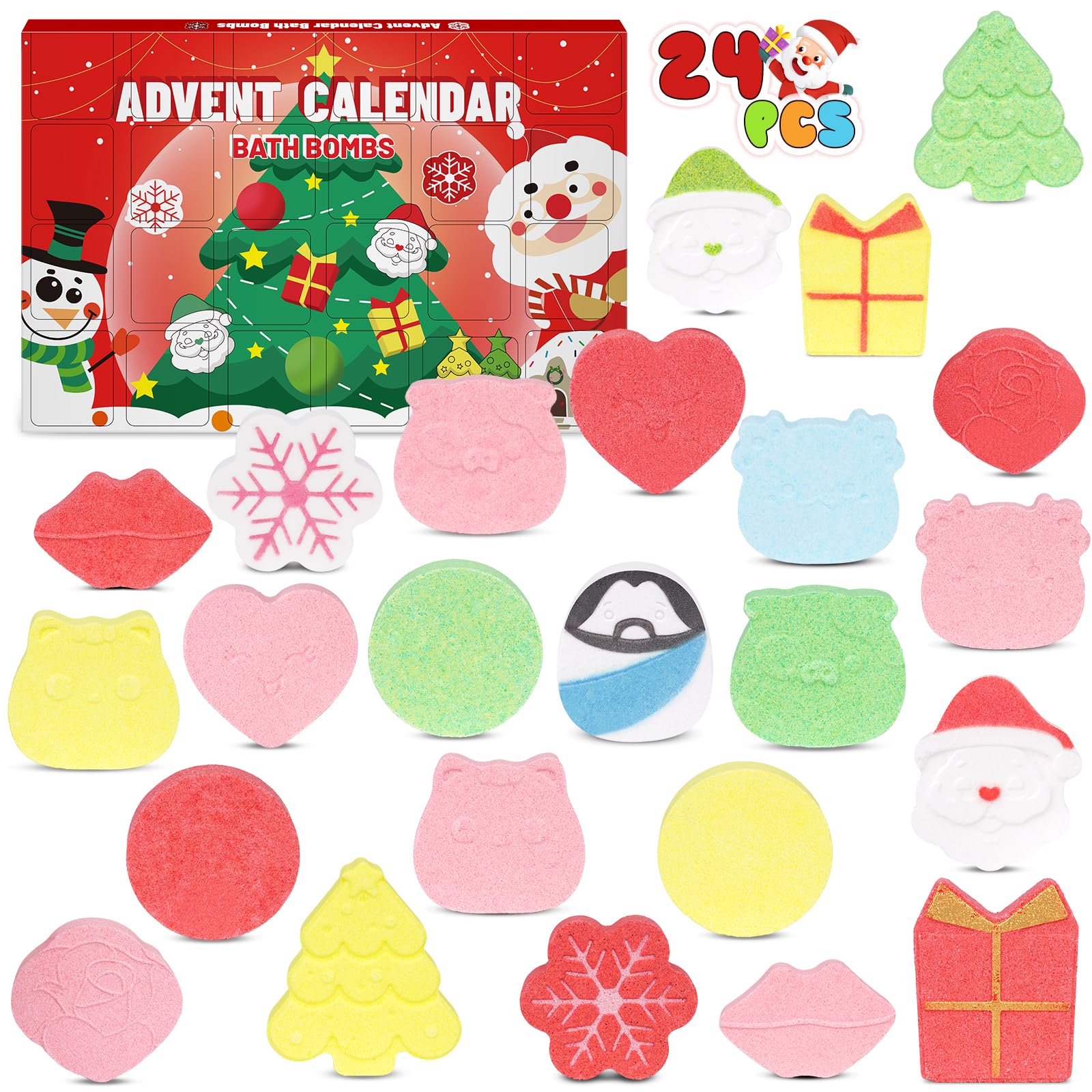 Christmas Advent Calendar 2024 Bath Bombs for Kids, 24 Day Christmas Countdown Calendar Gifts 6 Scents 24 Packs Colorful Kids Bath Bombs Set, Ideal Christmas Gifts for Girls, Boys