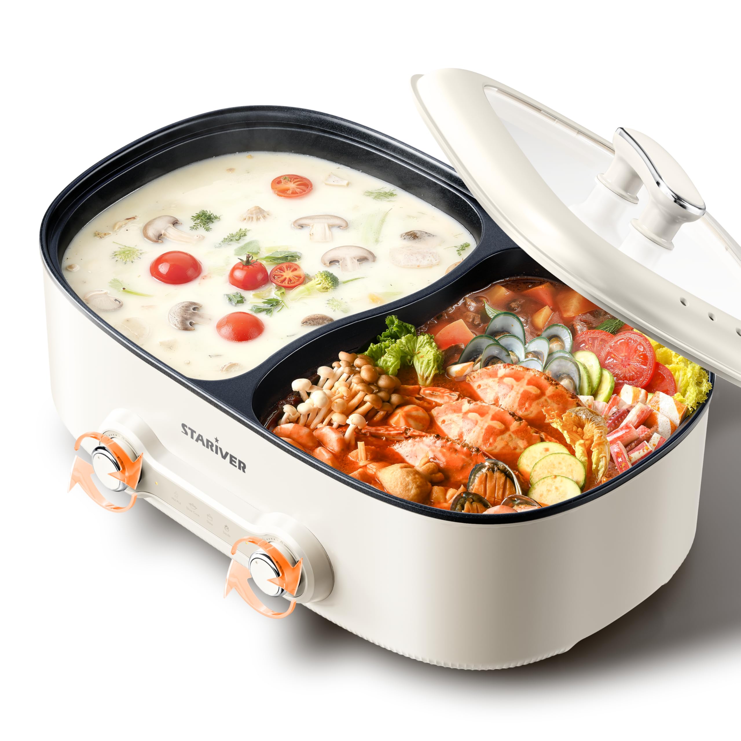 Stariver 7L Electric Hot Pot with Divider, 1200W Electric Pot, 2-Temp Control (Separate Settings per Side) Shabu Shabu Pot, Non-Stick Hotpot Pot Electric, Perfect for Family Dinners & Parties