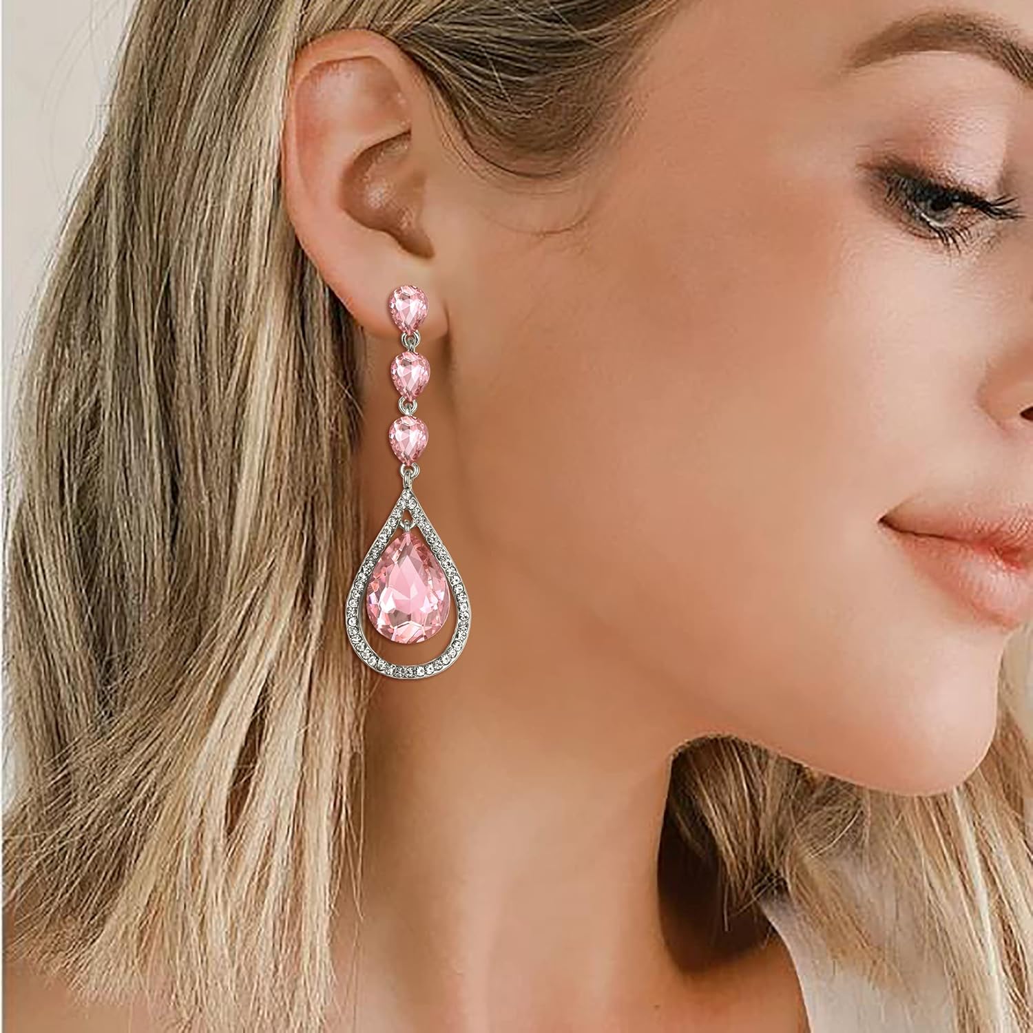 EVER FAITH Austrian Crystal Bridal Hollow-out Teardrop Pierced Dangle Earrings - Image 3
