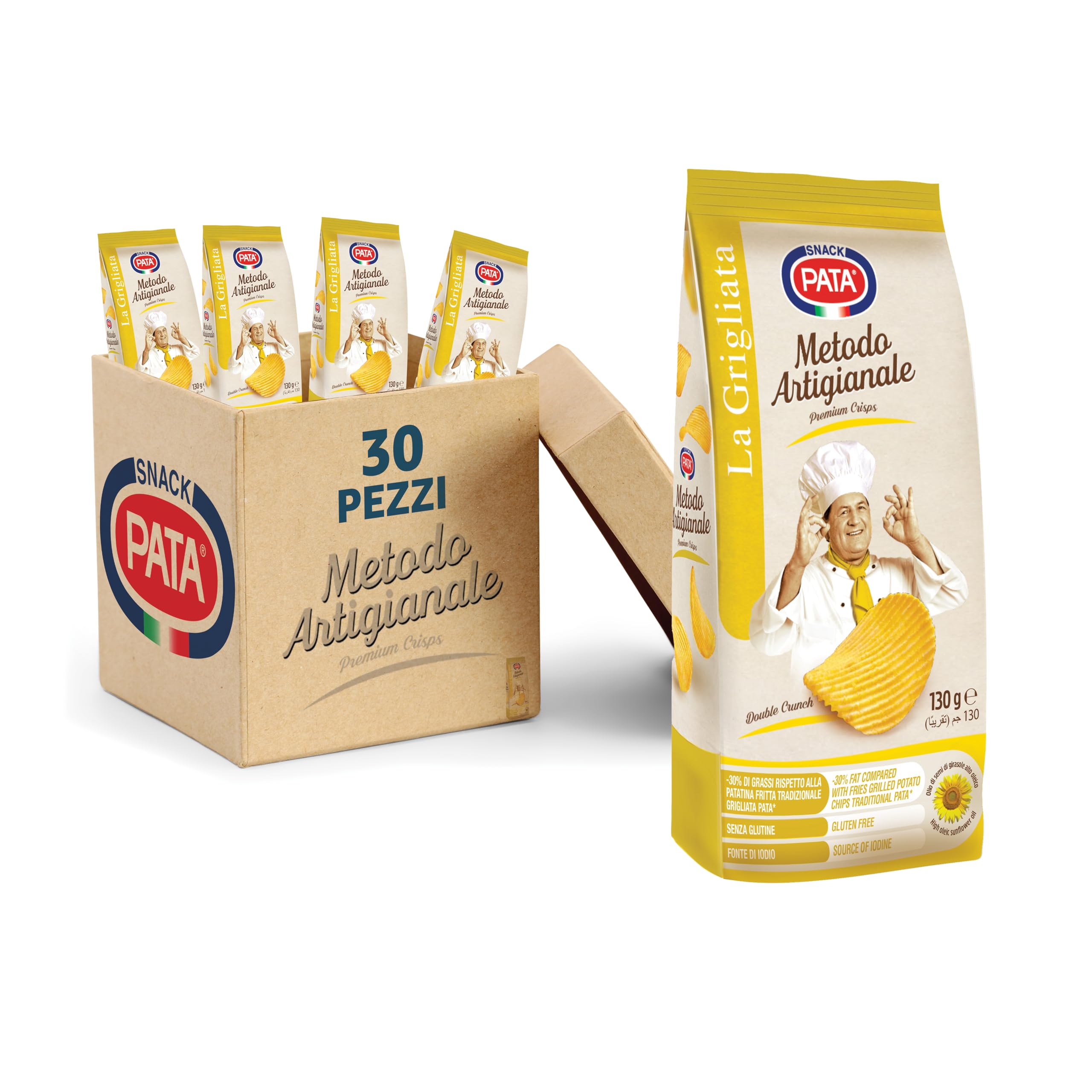 PATA | Patatine La Grigliata Metodo Artigianale, Senza Glutine, Con Olio di Semi di Girasole Alto Oleico, Fonte di Iodio, 10x130g