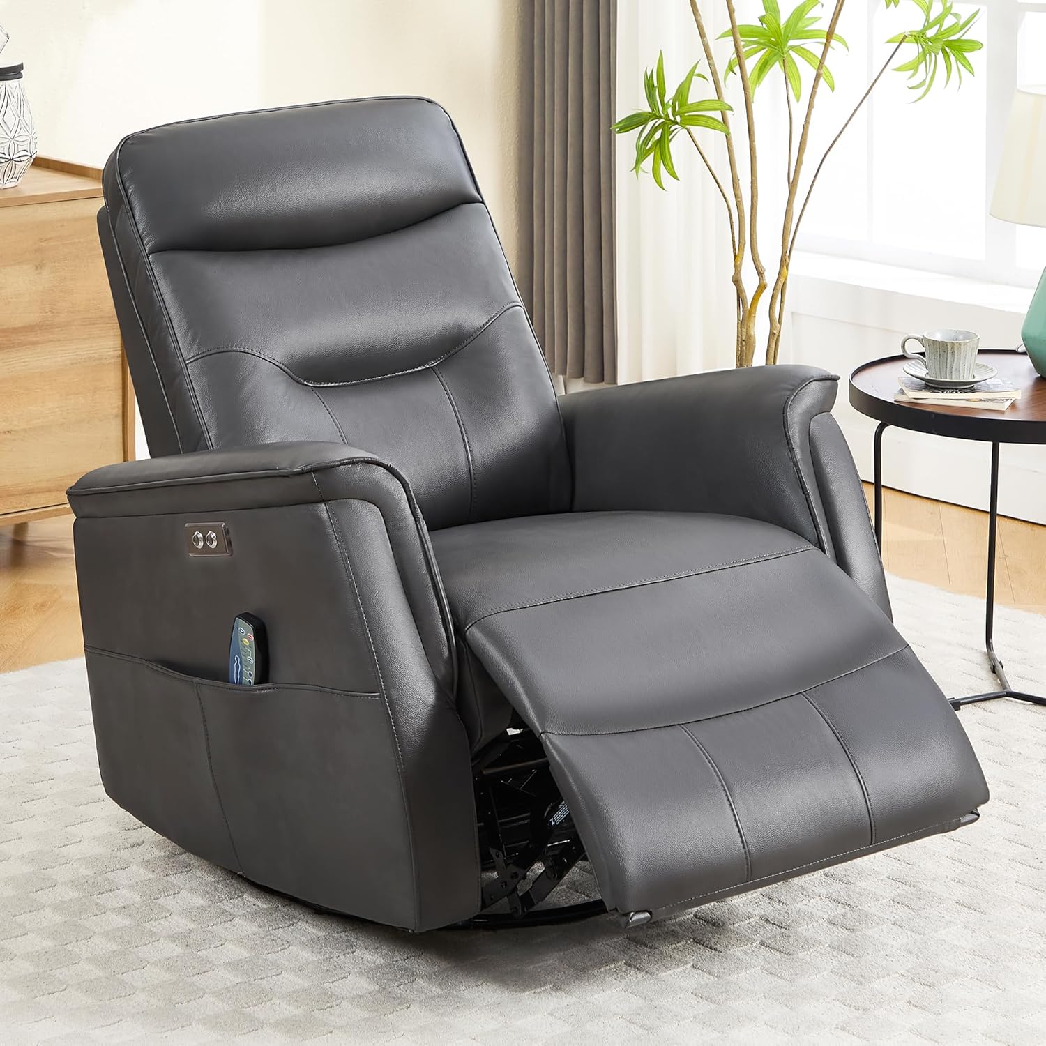 Recliner Chair, Faux Leather Power Rocker Recliner Massage and Heat, Oversized Swivel Glider Nursery Chair with USB Ports for Living Room, Grey