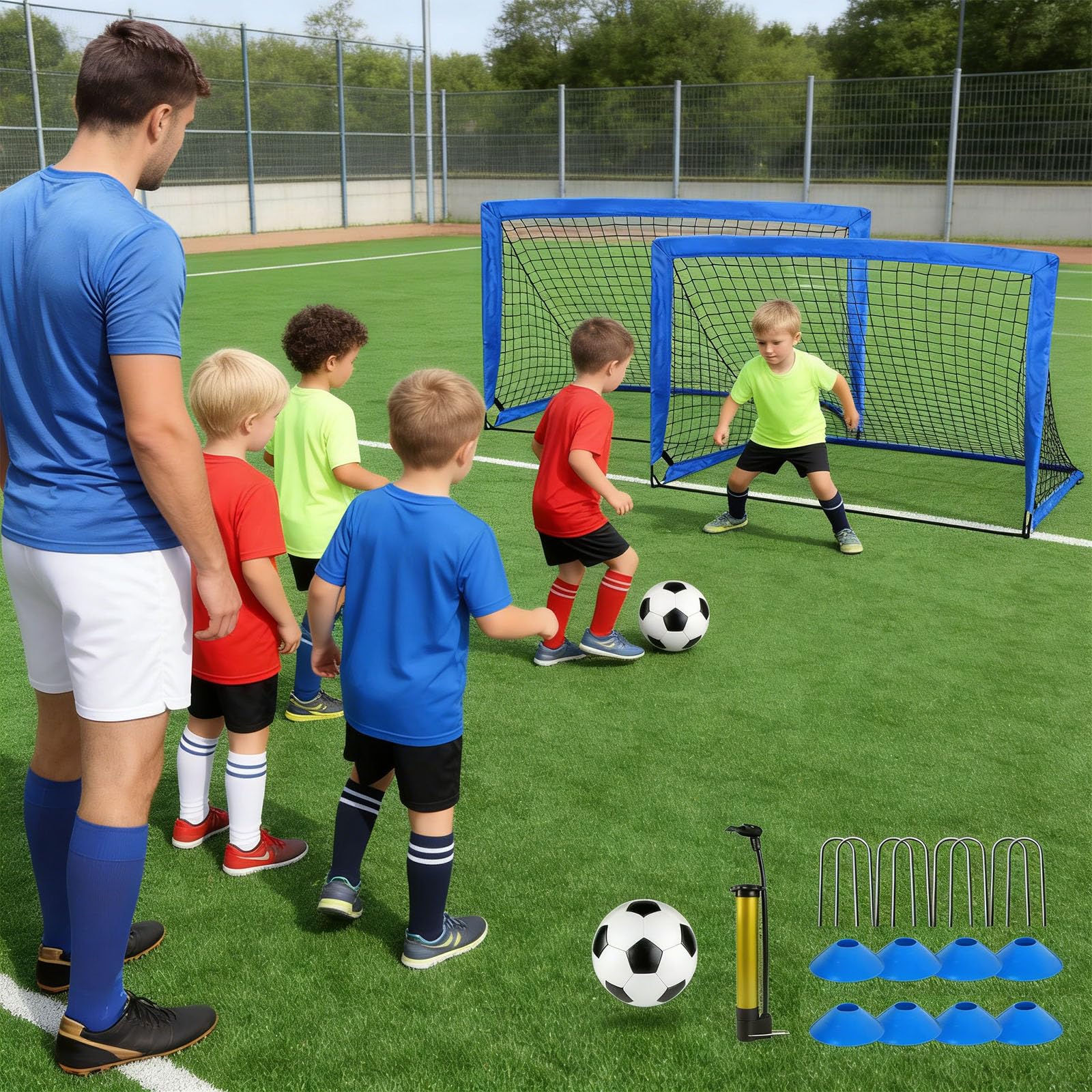 Juego de práctica de fútbol para niños, incluye 2 estructuras de cono de bola, ventilador de aire para deportes de equipo y entretenimiento familiar, conos de entrenamiento de fútbol incluidos