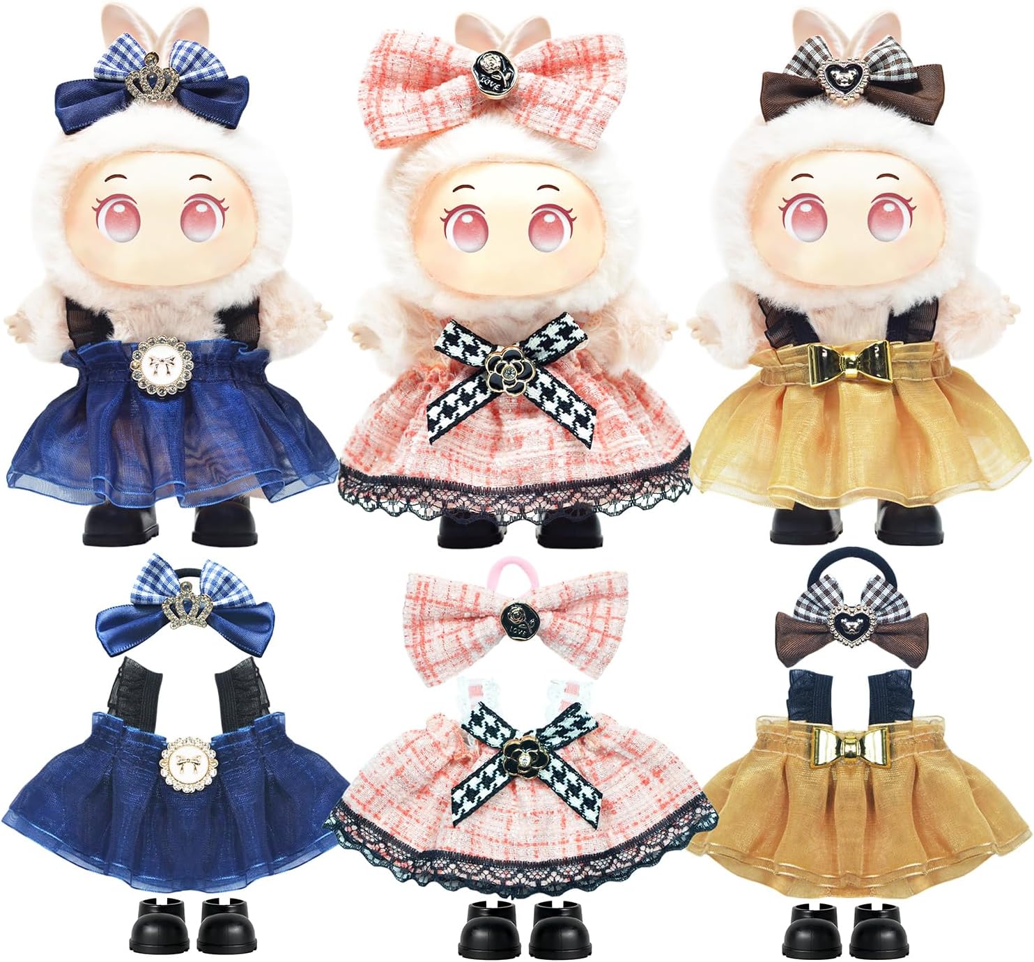 17cm/15cm Doll Clothes for Labubu Dolls, Cute Plush Dolls Outfit Accessories with Dress + Headband + Shoes, Fashion Skirt Doll Clothing Sets, Gifts Suitable for Girls (3 Sets of Clothes) (Set 1)