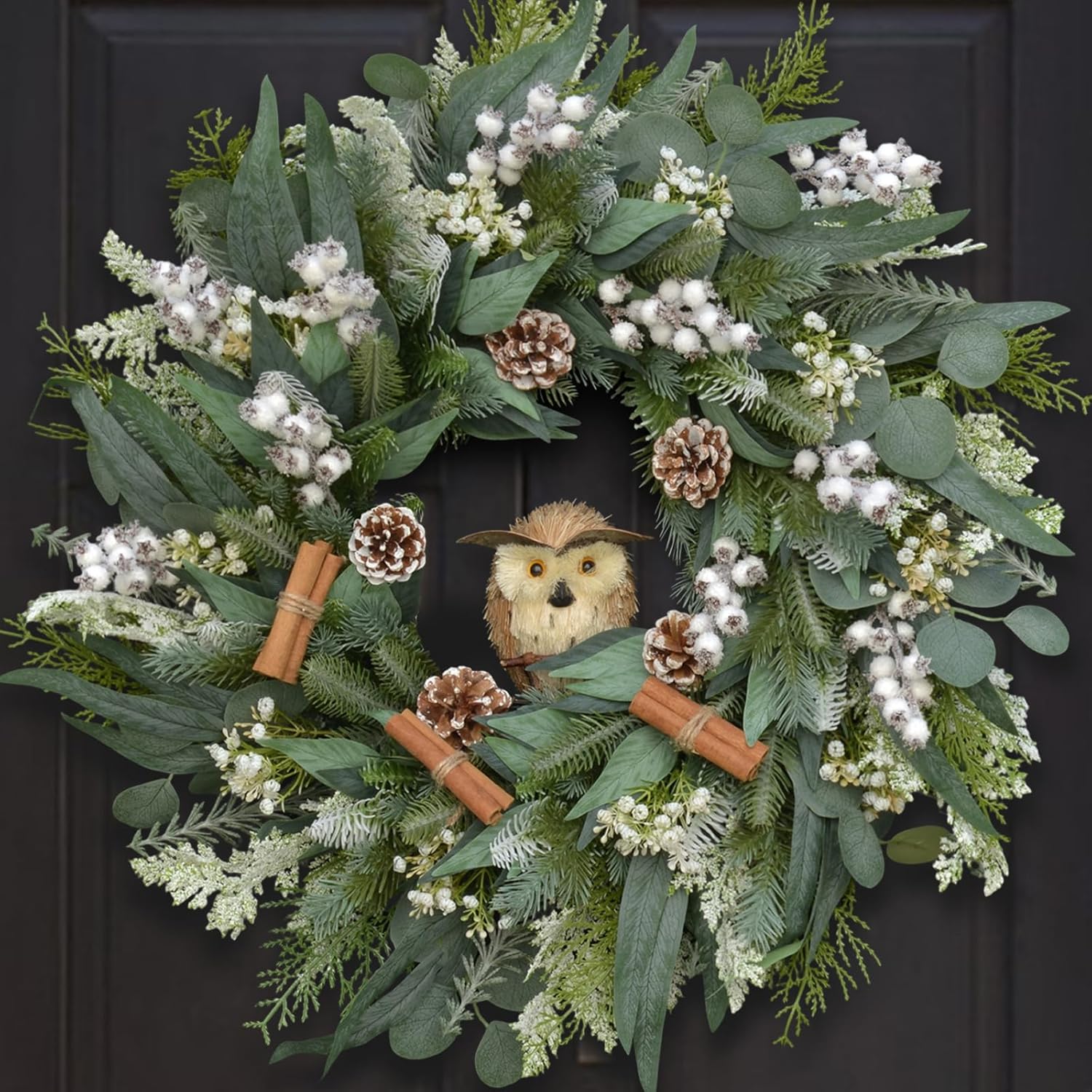 24 Inch Winter Wreaths for Front Door, Large Size Winter Wreath with Owl, Cinnamon Sticks, Pinecones and White Berries for Christmas Indoor Outdoor Decor, Snowy Theme Home Decoration