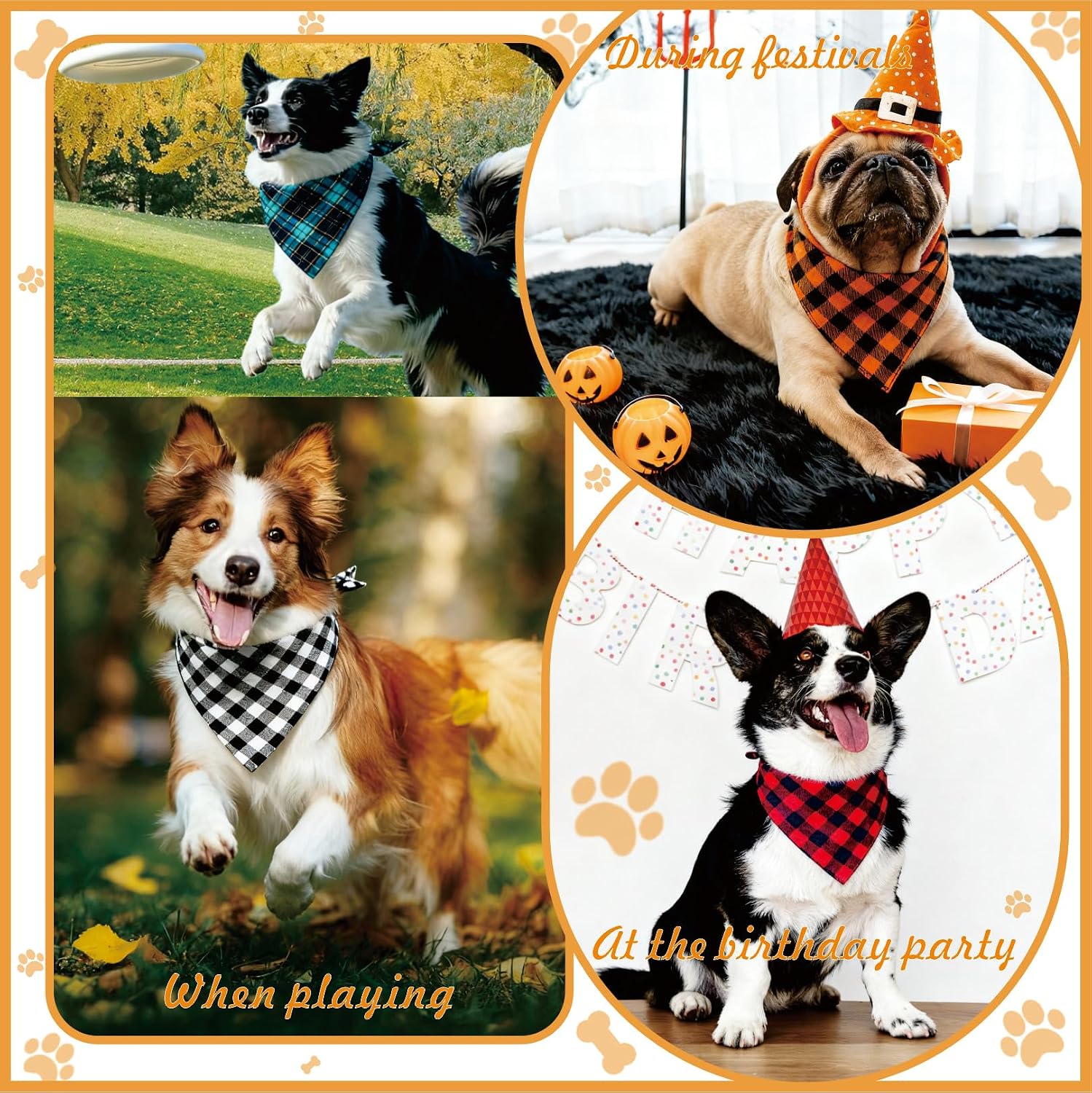 Adjustable Halloween Dog Bandana, Orange & Black Plaid, Large, Fall image 5