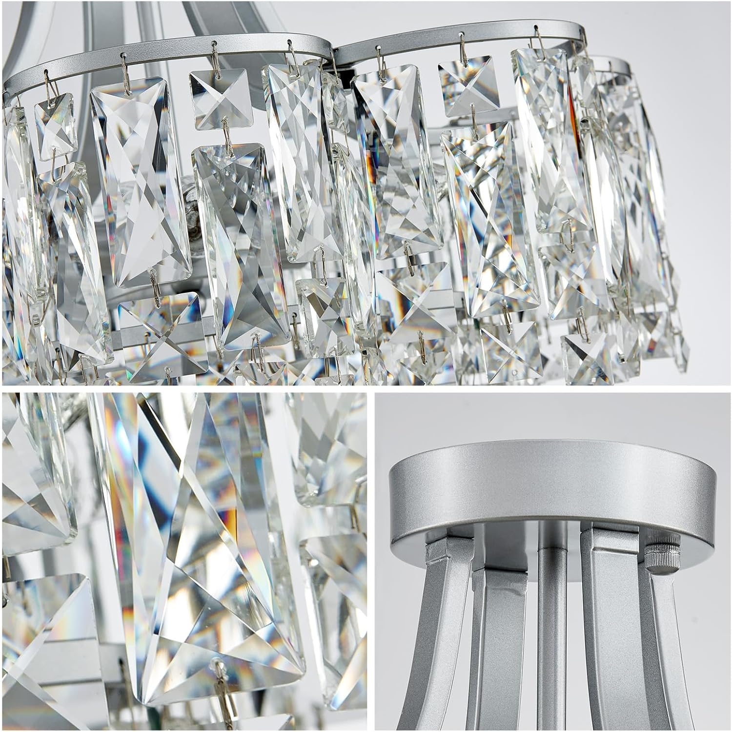 WUZUPS Crystal Chandelier Semi-Flushmount Ceiling Light Modern Lighting Fixture for Bedroom Hallway Entry Kitchen Bathroom, H 19.3" x W 18.3", E12 Base, Silver