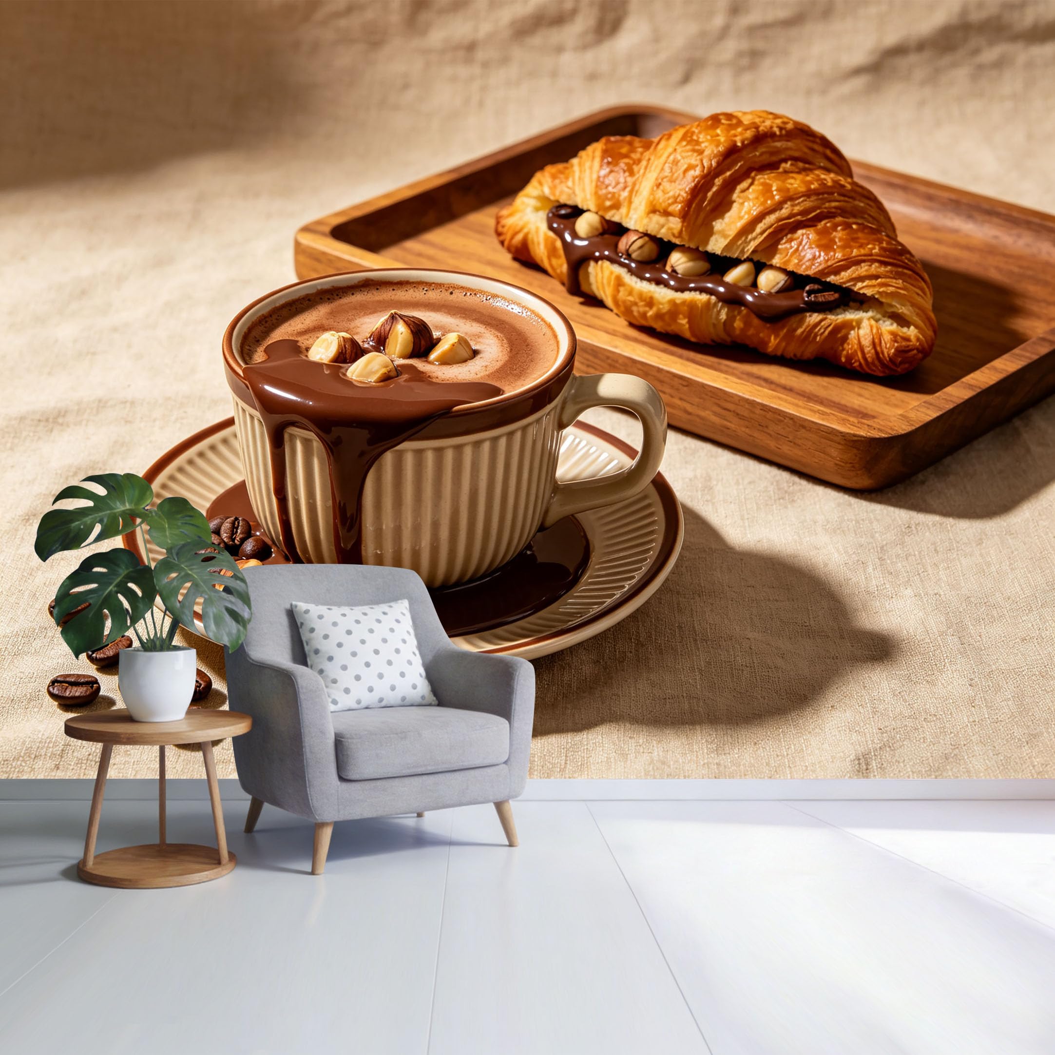 Custom Size Wall Mural Chocolate Coffee Cup and Croissant Breakfast Still Life Minimalist Food Photography SelfAdhesive Wall Fabric Removable Wallpaper for Home Office Decor