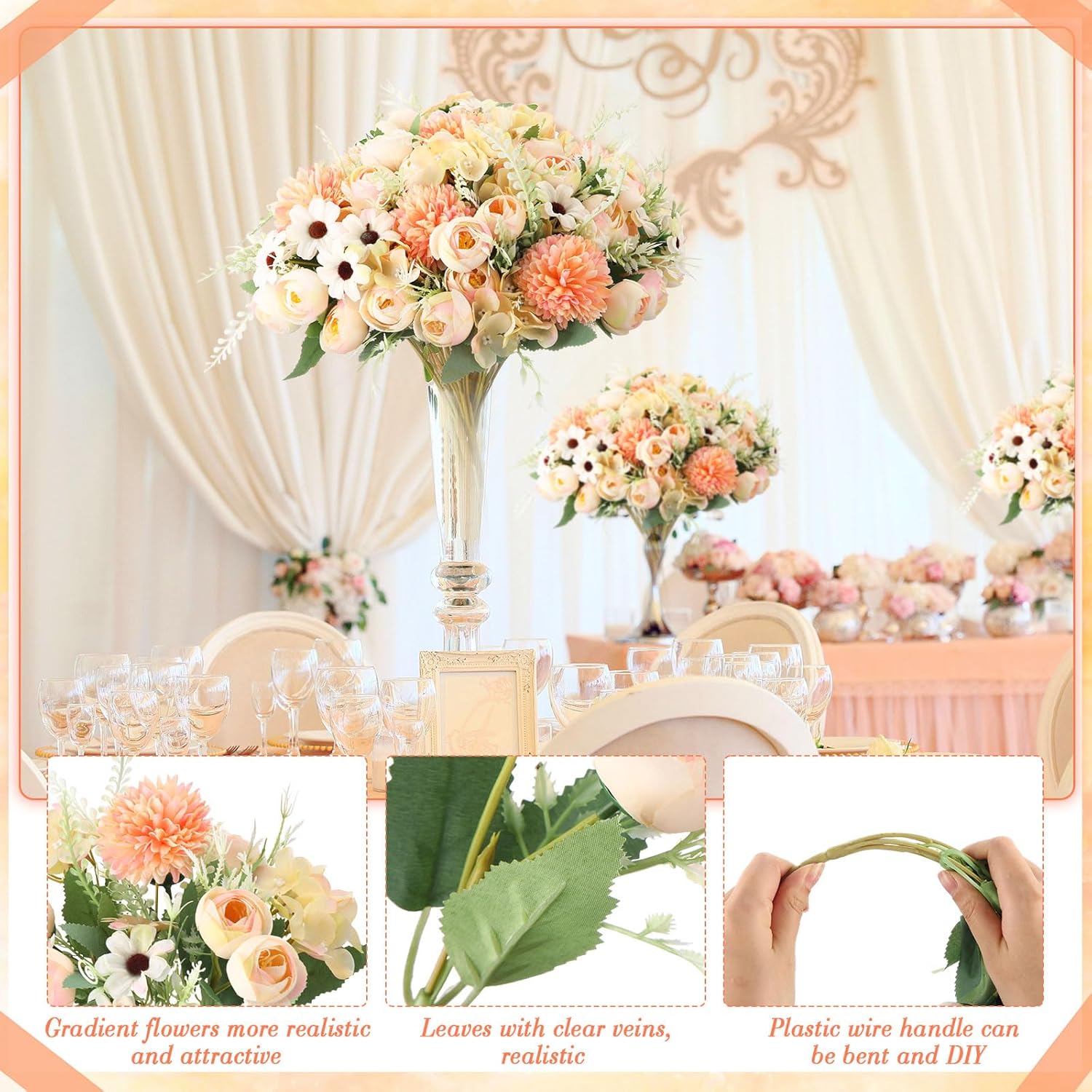 Tigeen 12 Bundles Peonies Artificial Flowers Faux Roses Silk Flowers Hydrangea Artificial Bouquet for Wedding Table Centerpiece Floral Vase Home Office Bridal Decor (Champagne) - Image 3