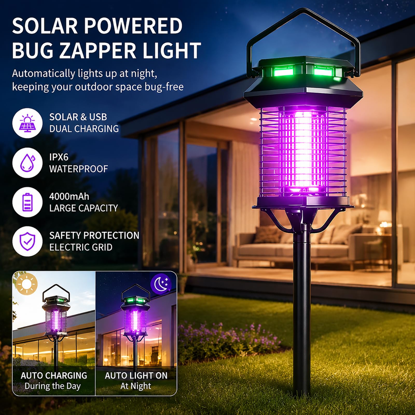 Zapper per insetti a energia solare, impermeabile, elettrico, per esterni, per giardino, giardino, ricaricabile tramite USB, per cortile, patio, campeggio (2, illuminazione ambientale)