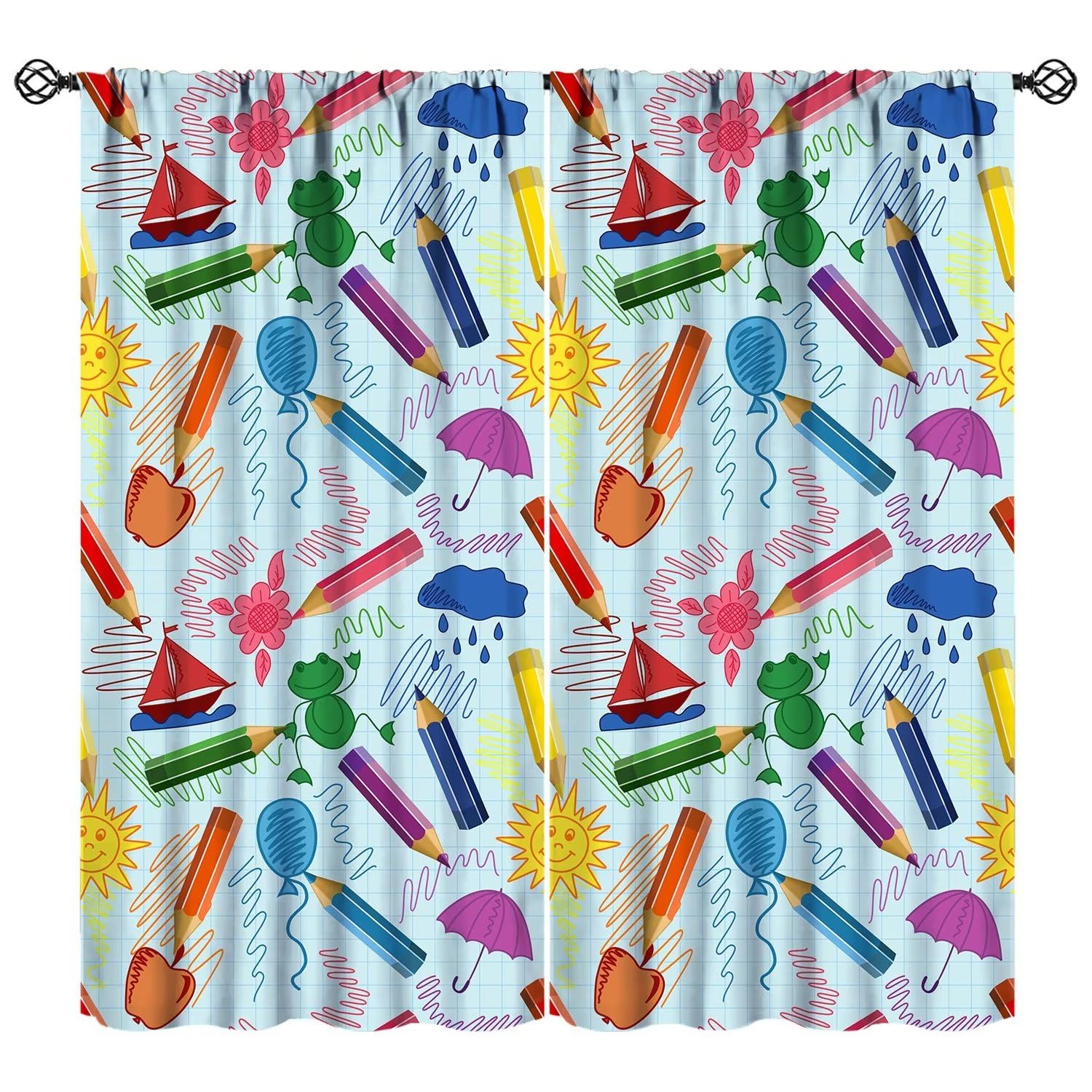 JESTRONRY Kids Cartoon Pencil Curtains, Nursery Bedroom Decor Colorful Cute Crayon Funny Art Window Drapes Treatment Fabric for Child Girls Boys Playroom Study Room 63x72in