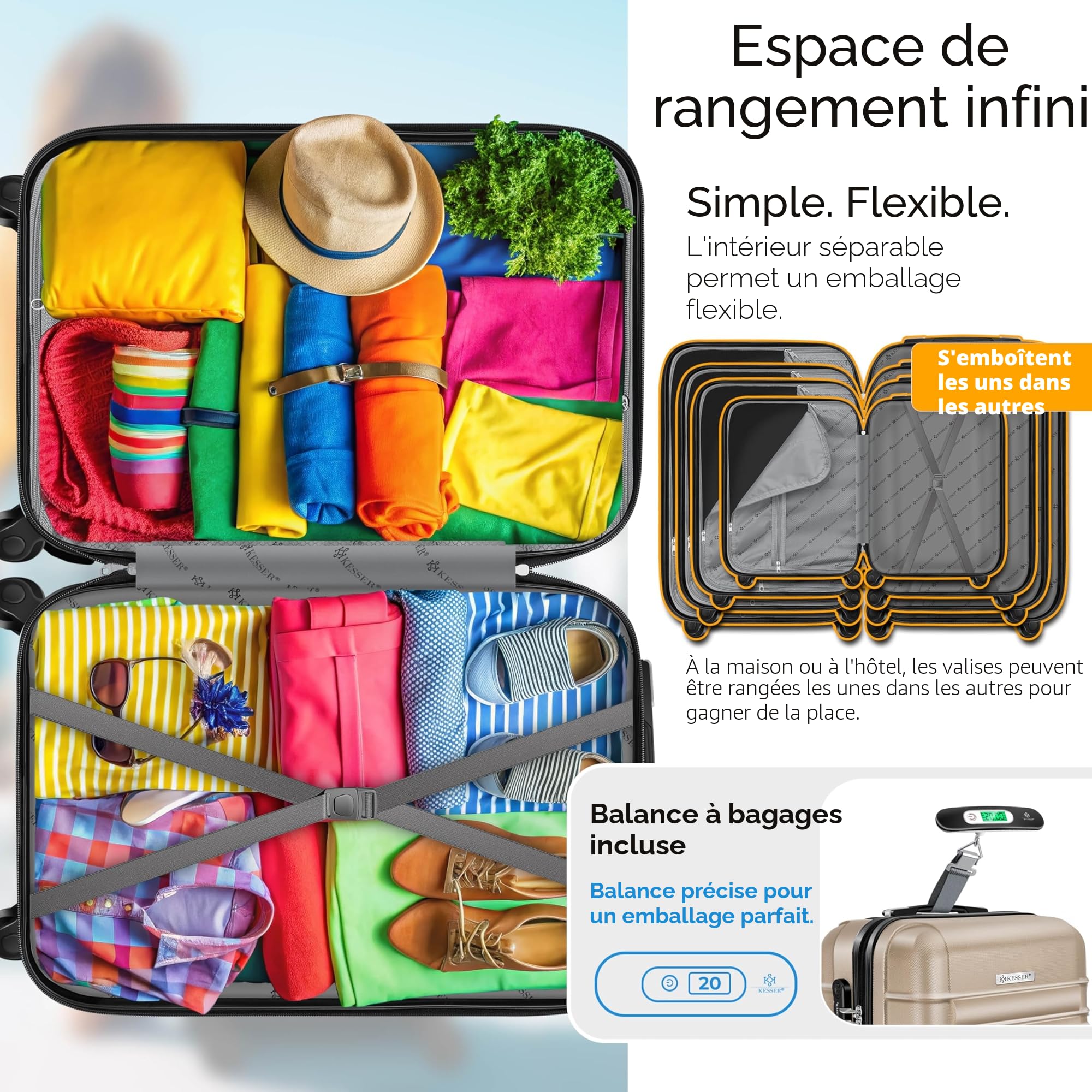 KESSER Valise de voyage rigide ABS 66cm avec pèse-bagage, trolley roulettes, poignée télescopique, champagne