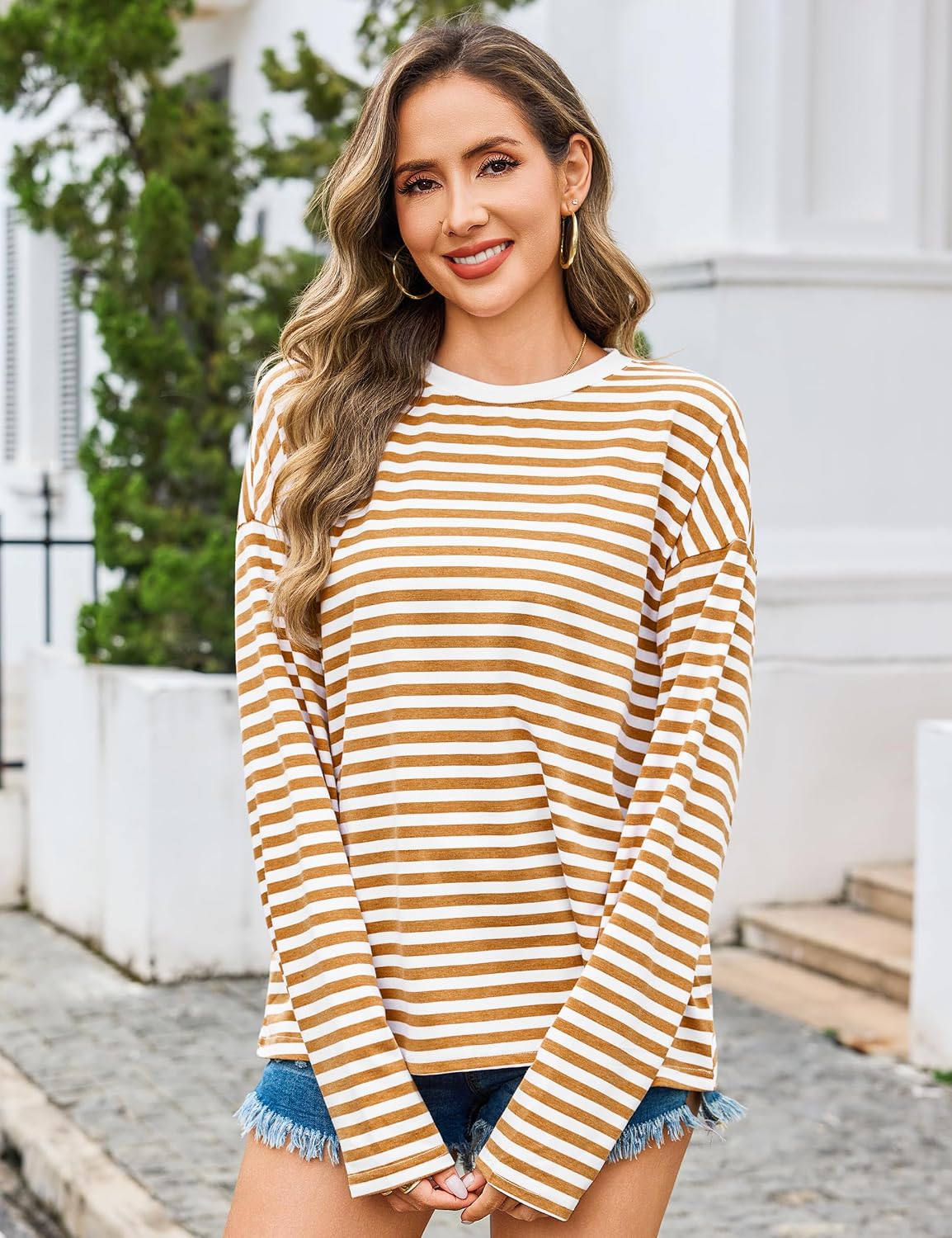 Totatuit Women Oversized Striped Long Sleeve T Shirt Cotton Crew Neck Tops image 3
