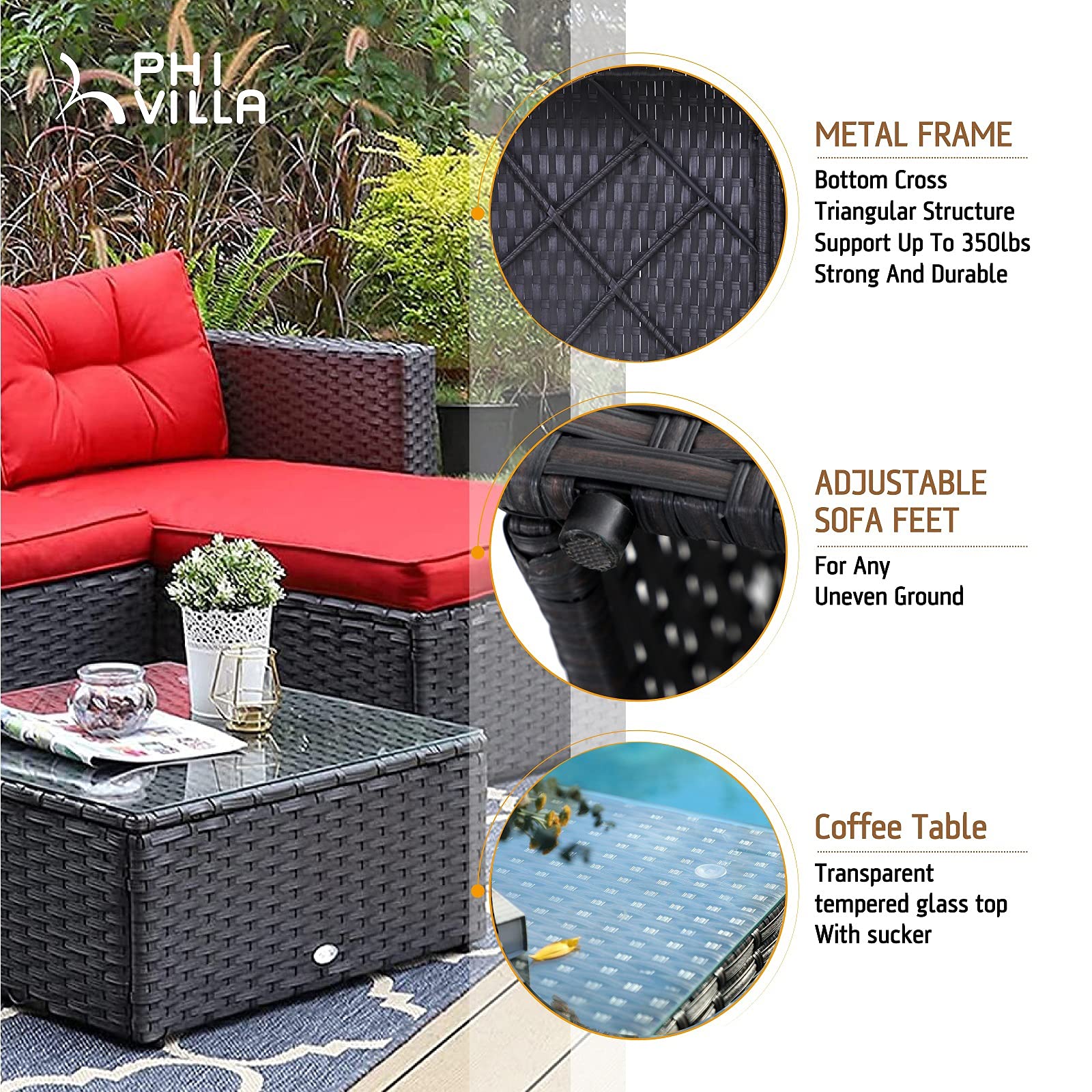 PHI VILLA Patio Sectional Manual Weaving Wicker Small LShaped Outdoor