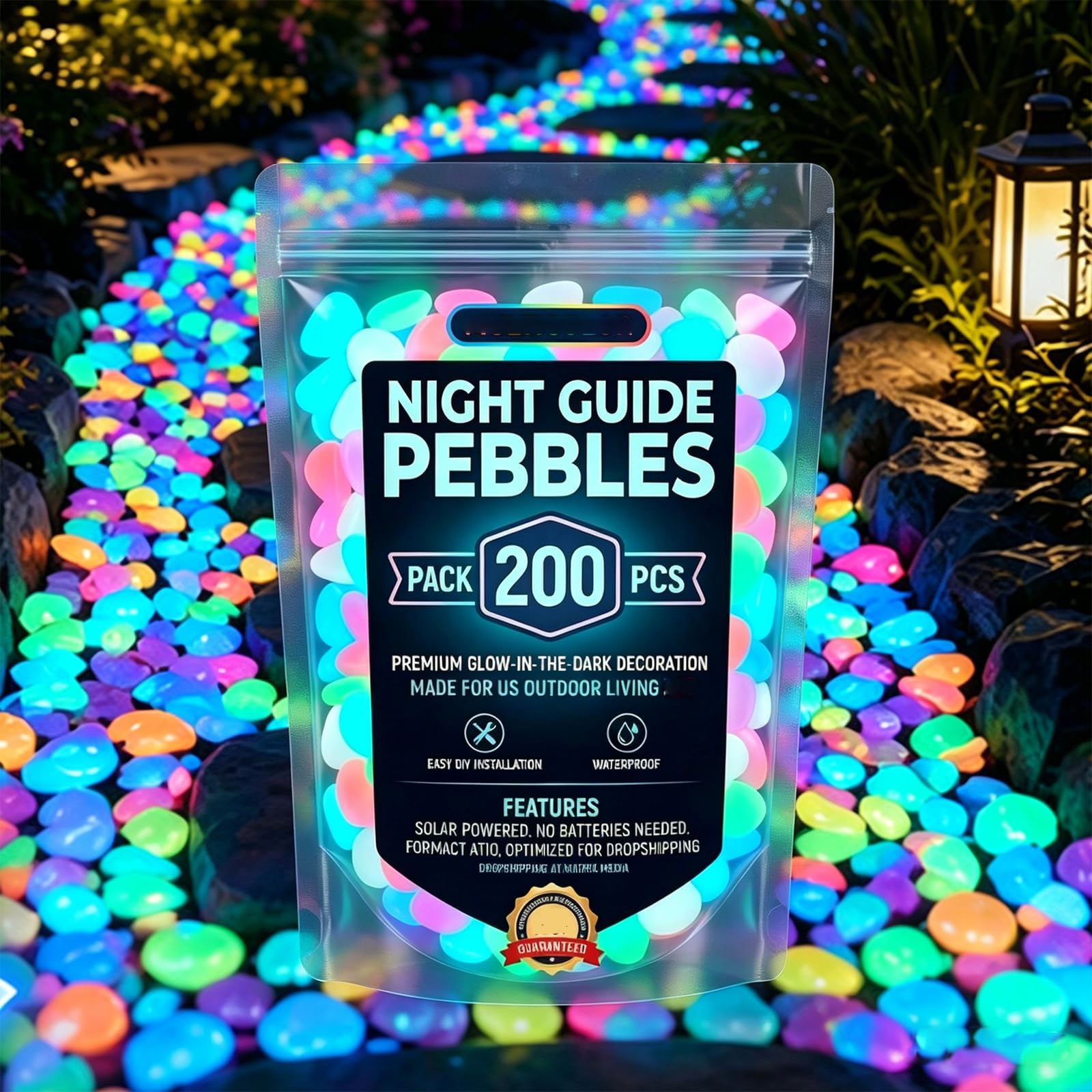 Colorful Glow-in-the-Dark Garden Stones, Night Guide Pebbles Glow, Rainbow Luminous Stepping Stones for Outdoor Walkway & Landscaping, Glowing Fish Tank Decorations, Vase Glow-Rocks (Multi,200)