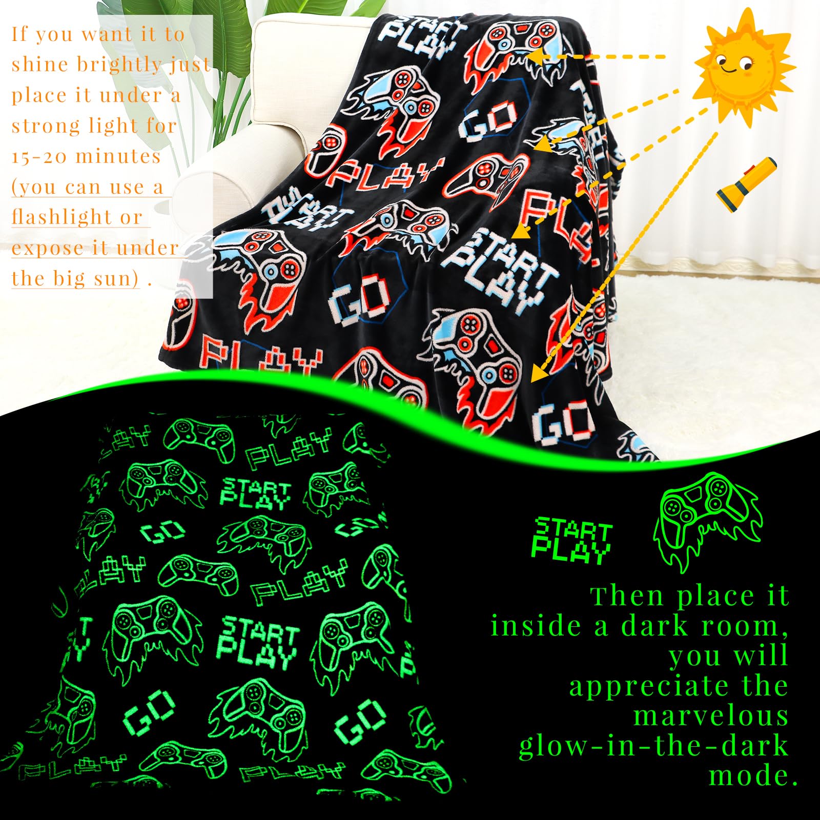 Coperta da gioco per ragazzi, adolescenti, uomini, papà, si illumina al buio, coperta da gioco per ragazzi con motivo controller di gioco, decorazione per la stanza dei videogiochi, regali per