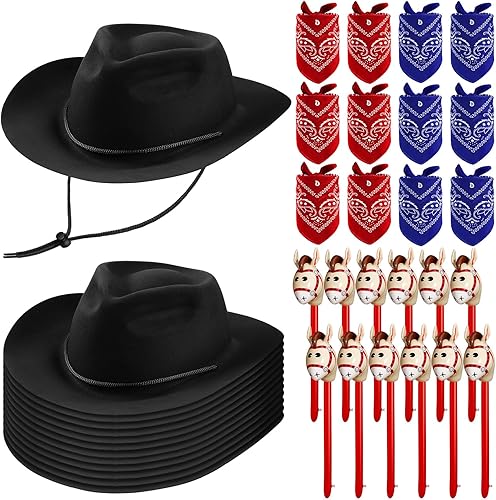 Xtinmee Juego de 36 piezas de disfraz de vaquero para fiesta, sombreros de vaquero de granja, bandanas de cachemira, inflables, caballos,