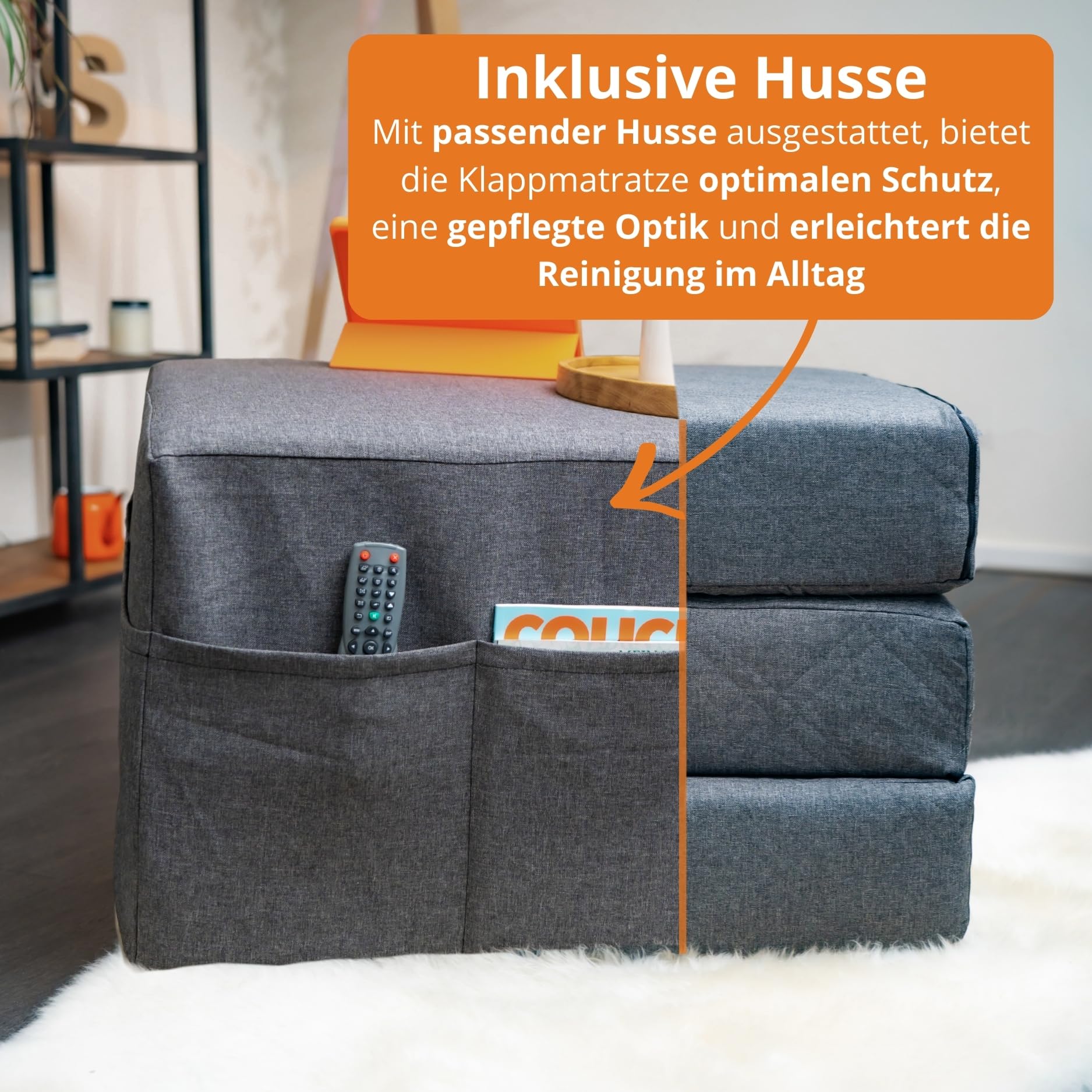 sleepling Klappmatratze Visco, 3-teilige Faltmatratze, Gästematratze klappbar, Faltbare Matratze, Sitzhocker mit Husse, Foldable Mattress, Made in EU, Oeko-TEX, H2.5, 195x75x14 cm, Single, grau