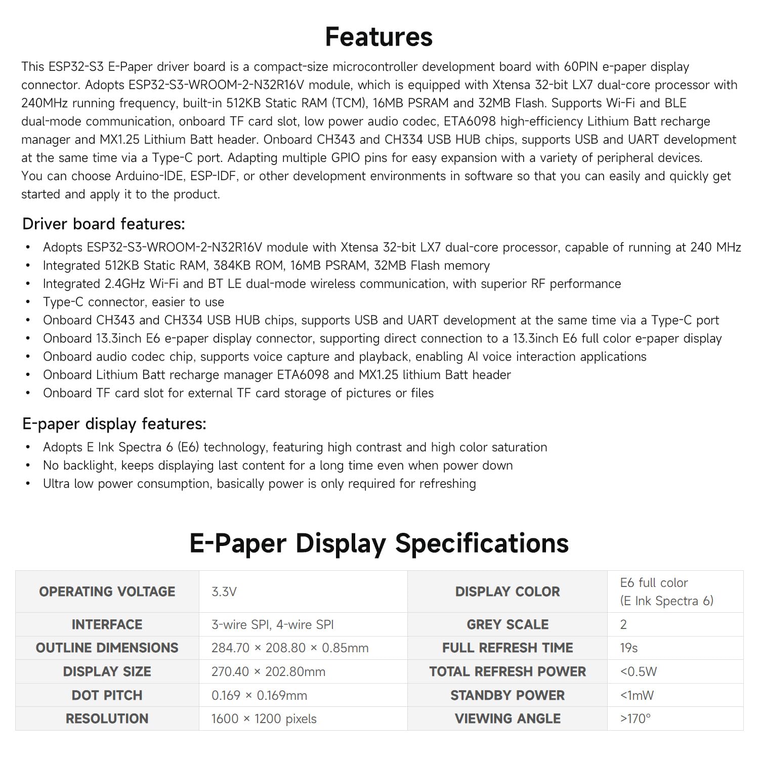 Waveshare 13.3inch Full Color E-Paper Display with ESP32-S3 E-Paper Driver Board, Adopts E Ink Spectra 6 (E6) Technology, Onboard Audio Codec Chip, WiFi & Bluetooth Support