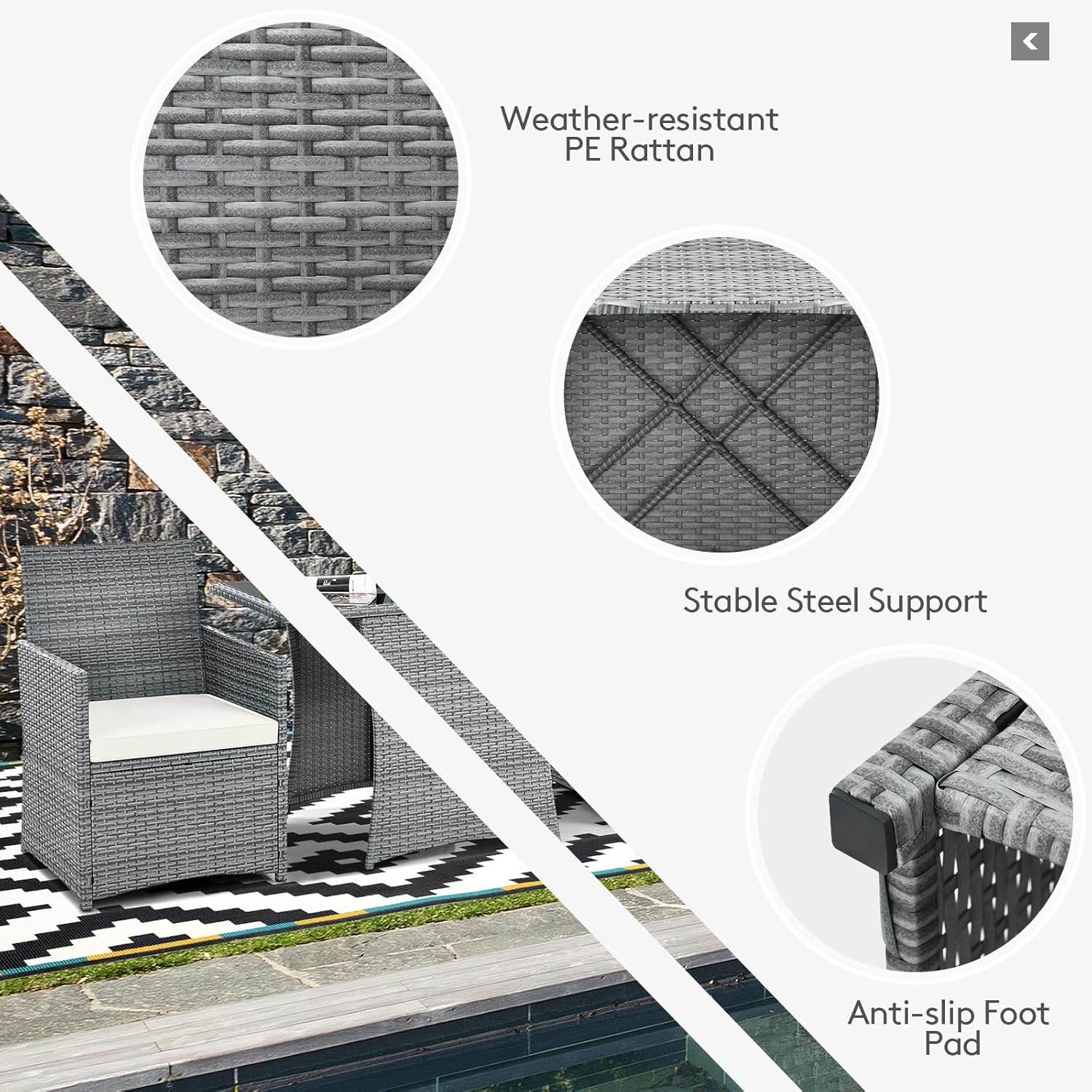 Close-up of weather-resistant PE rattan, stable steel support, and anti-slip foot pad