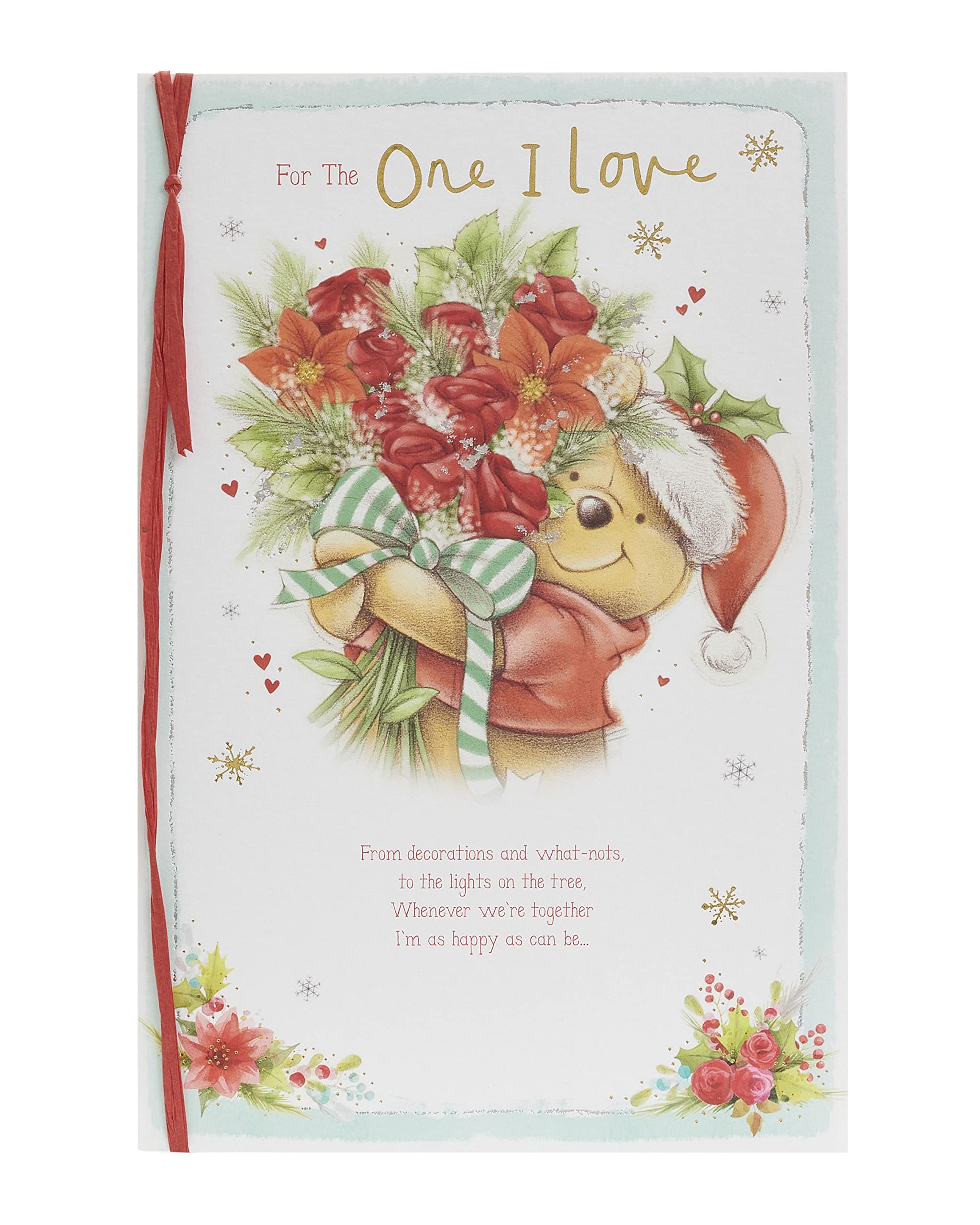 Winnie The Pooh For The One I Love Floral Christmas Card Xmas Greeting Cards, Multi, 149mm x 229mm