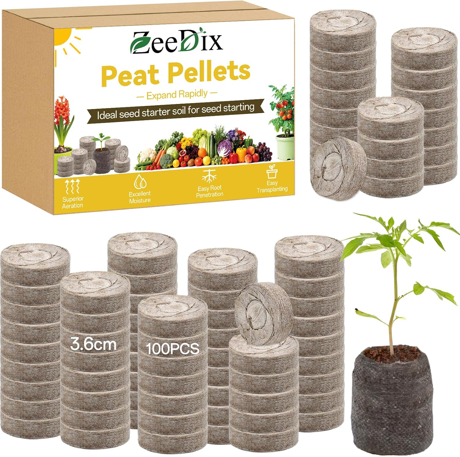 ZeeDix 100Pcs 36mm Organic Seed Starter Peat Pellets