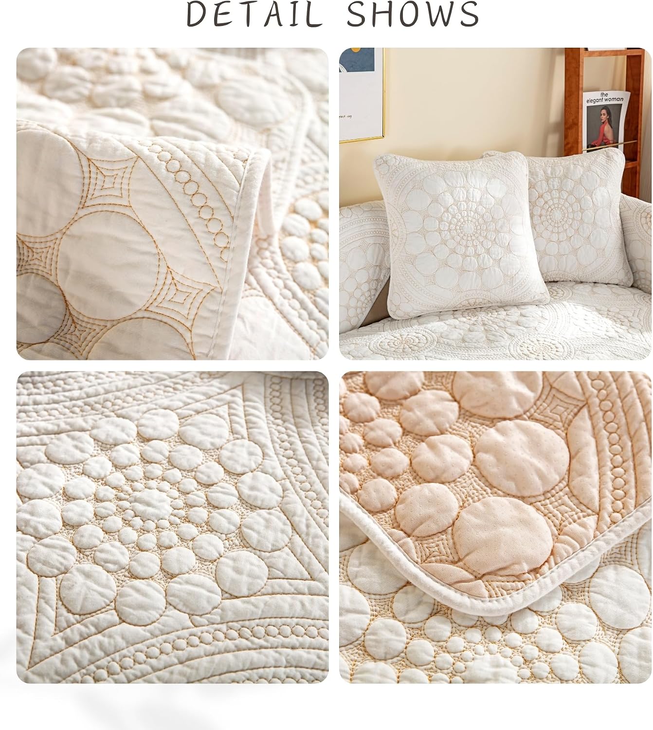 Circle Cotton Embroidery Sofa Cover Soft Farmhouse Seat Cushion Cover Quilted Sectional Couch Cover Anti-Slip Sofa Slipcovers Washable Furniture Protector for Dogs Cats Kids (White,36"x70")