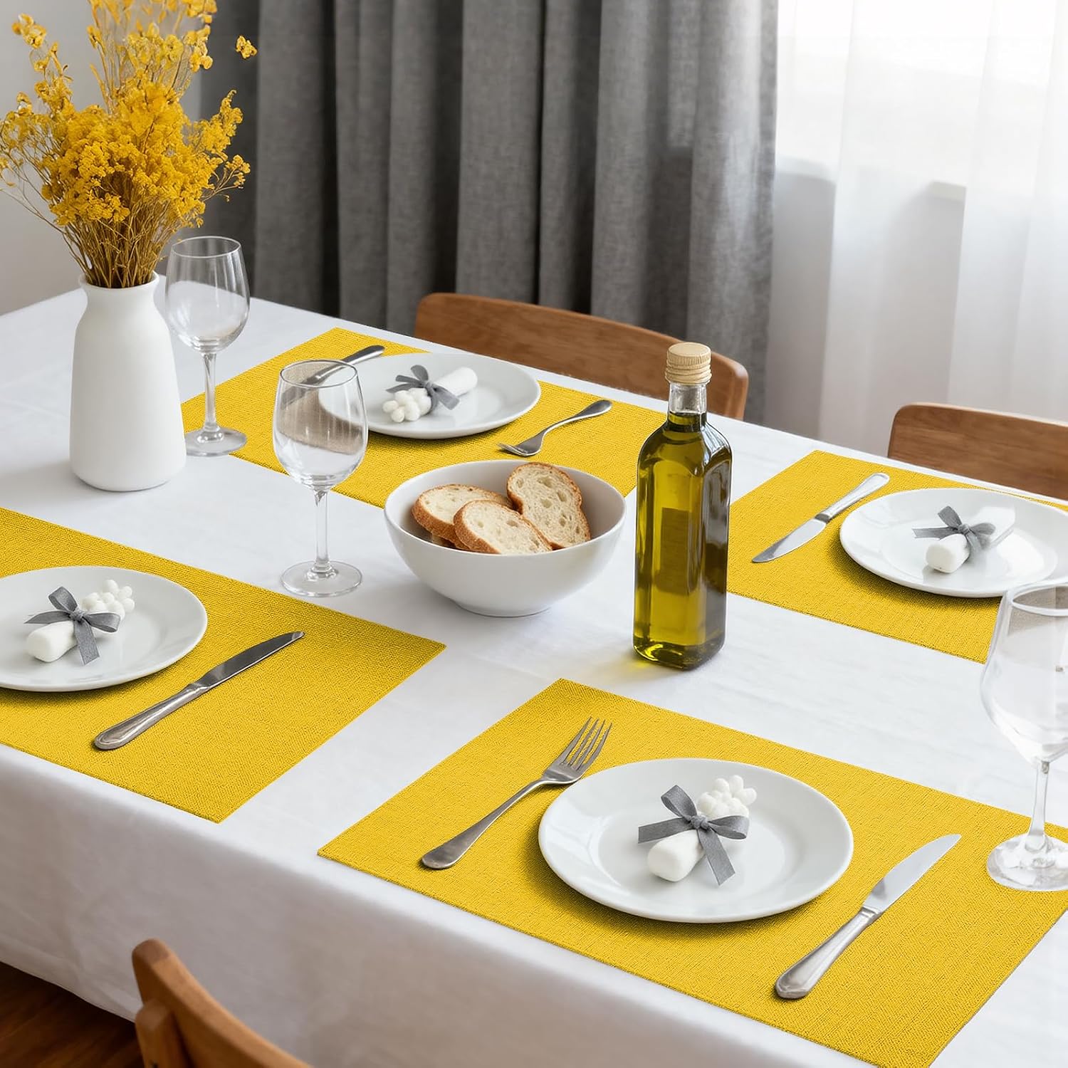 Placemats Set of 6 Linen Type Fabric Cloth Placemats, 18x12 Inch Double Layered Thick Wrinkle Free Heat Resistant Table Place, for Dining, Kitchen, Party (45 * 30cm, Yellow)