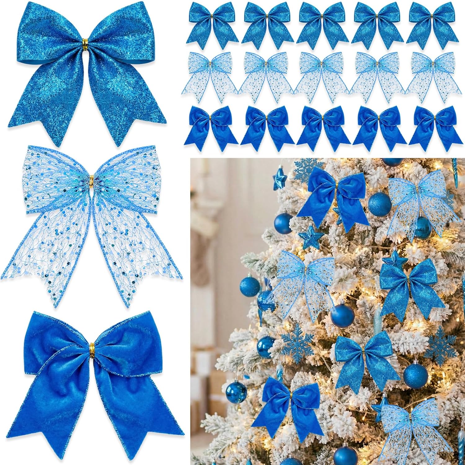 Knitgrip 36 Pcs Christmas Bows with Twist Ties 6 Inch Velvet Mesh Ribbon Wreath Glitter Bows for Holidays Wreath Christmas Tree Railings Farmhouse Decoration DIY Craft Gift(Silver)