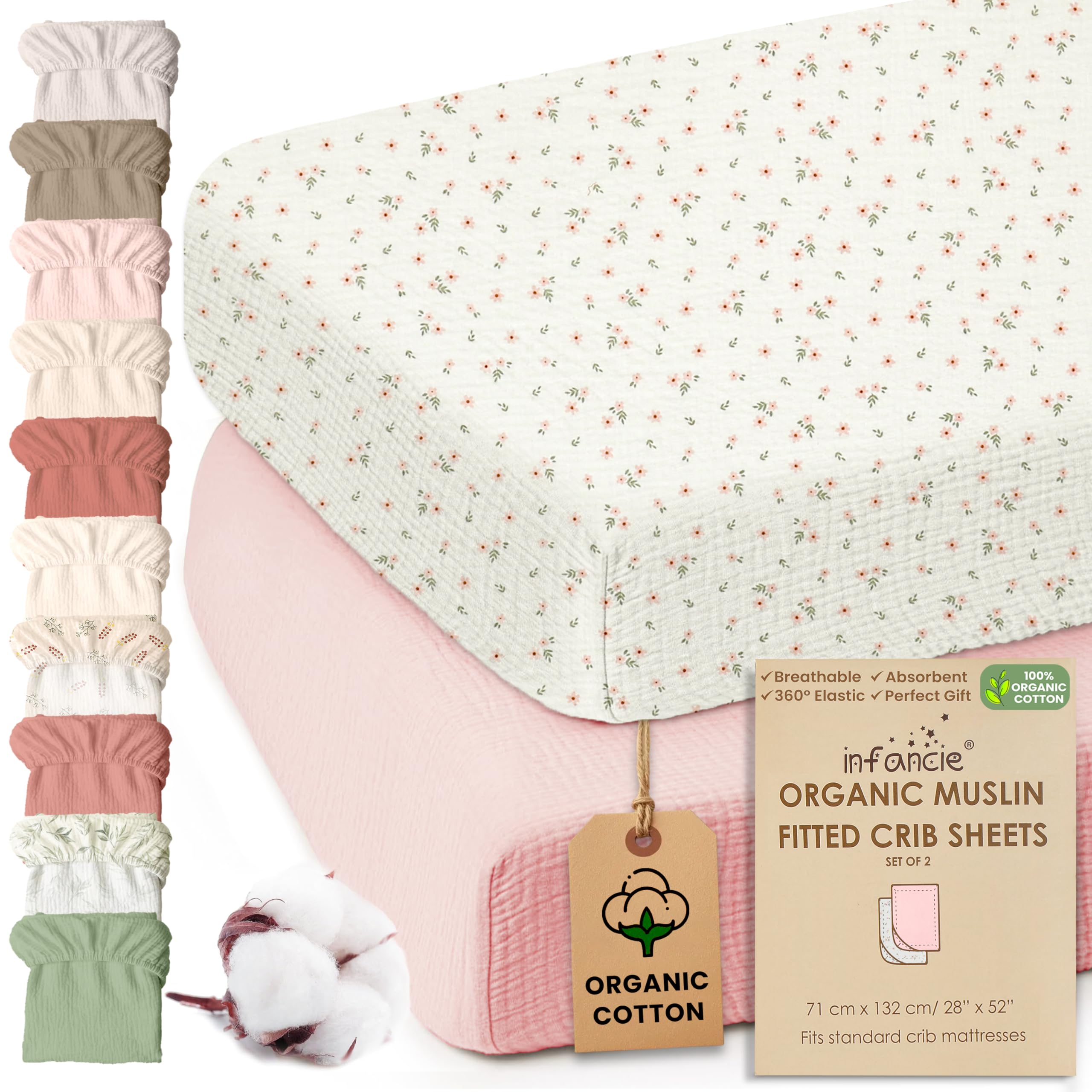 100% Organic Cotton Muslin Crib Sheets (Set of 2) Soft & Breathable Fitted Sheets for Boys and Girls, Neutral Colors Fits Standard Baby Crib Mattress (28 x 52 Inches Baby Pink/Floral White)