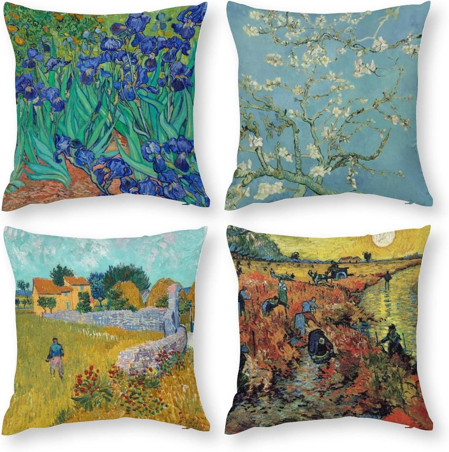 HOSTECCO Teal and Purple Throw Pillow Covers 18x18 inch Set of 4 Van Gogh Irises Almond Blossom Impressionist Painting Pillow Cases Decorative Cushion Covers
