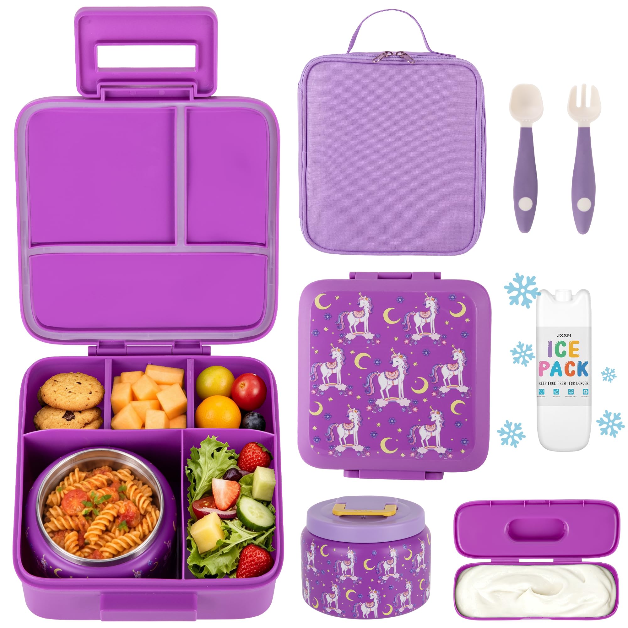 JXXM Bento Lunch Box for Kids With 8oz Soup thermo,Leak-proof Lunch Containers with 5 Compartment,thermo Food Jar and Lunch Bag, Food Containers for School (Purple Unicorn)
