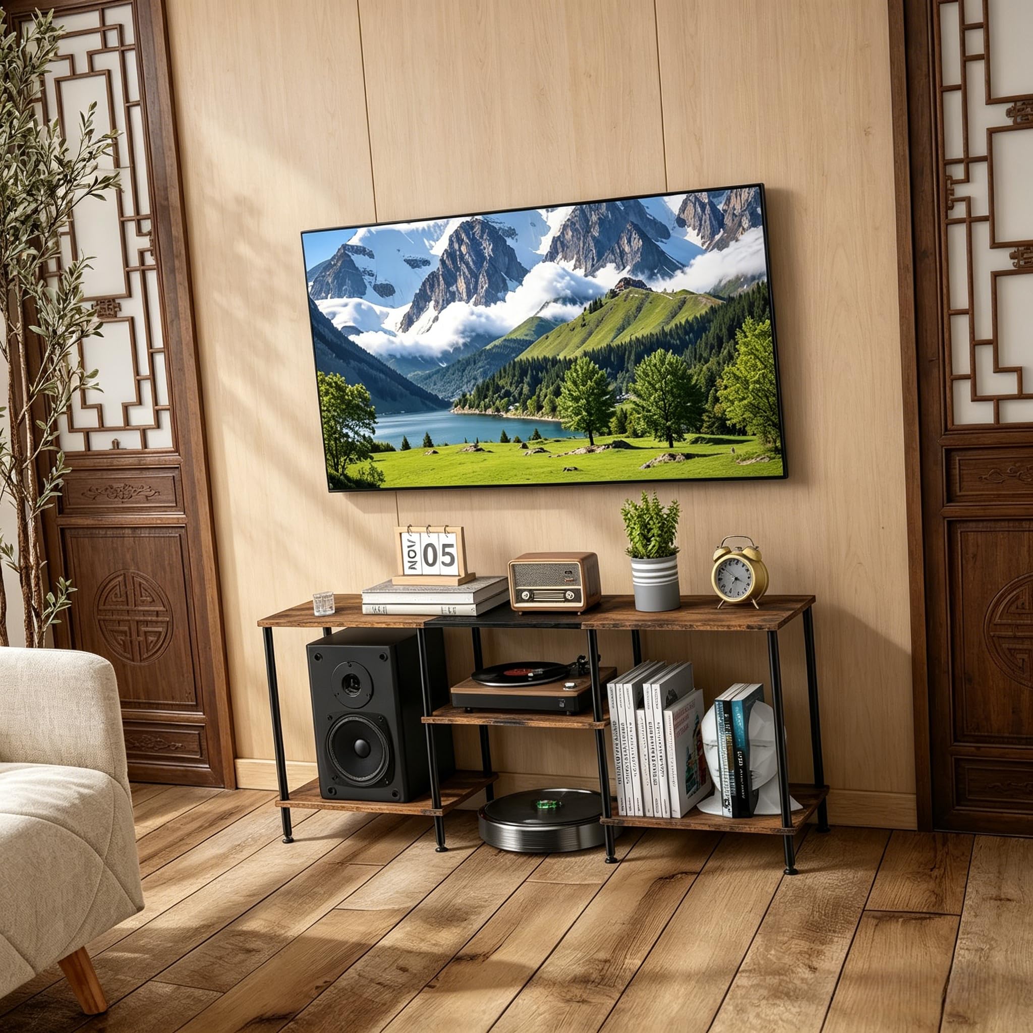 TV Schrank Ständer 3-Stufiges Regal TV-Schrank Freistehend für 50-Zoll-Fernseher Fernseher Schrank mit Verstellbare Standfüße TV Möbel Rustikaler für Wohnzimmer Schlafzimmer Hotels (Braun)