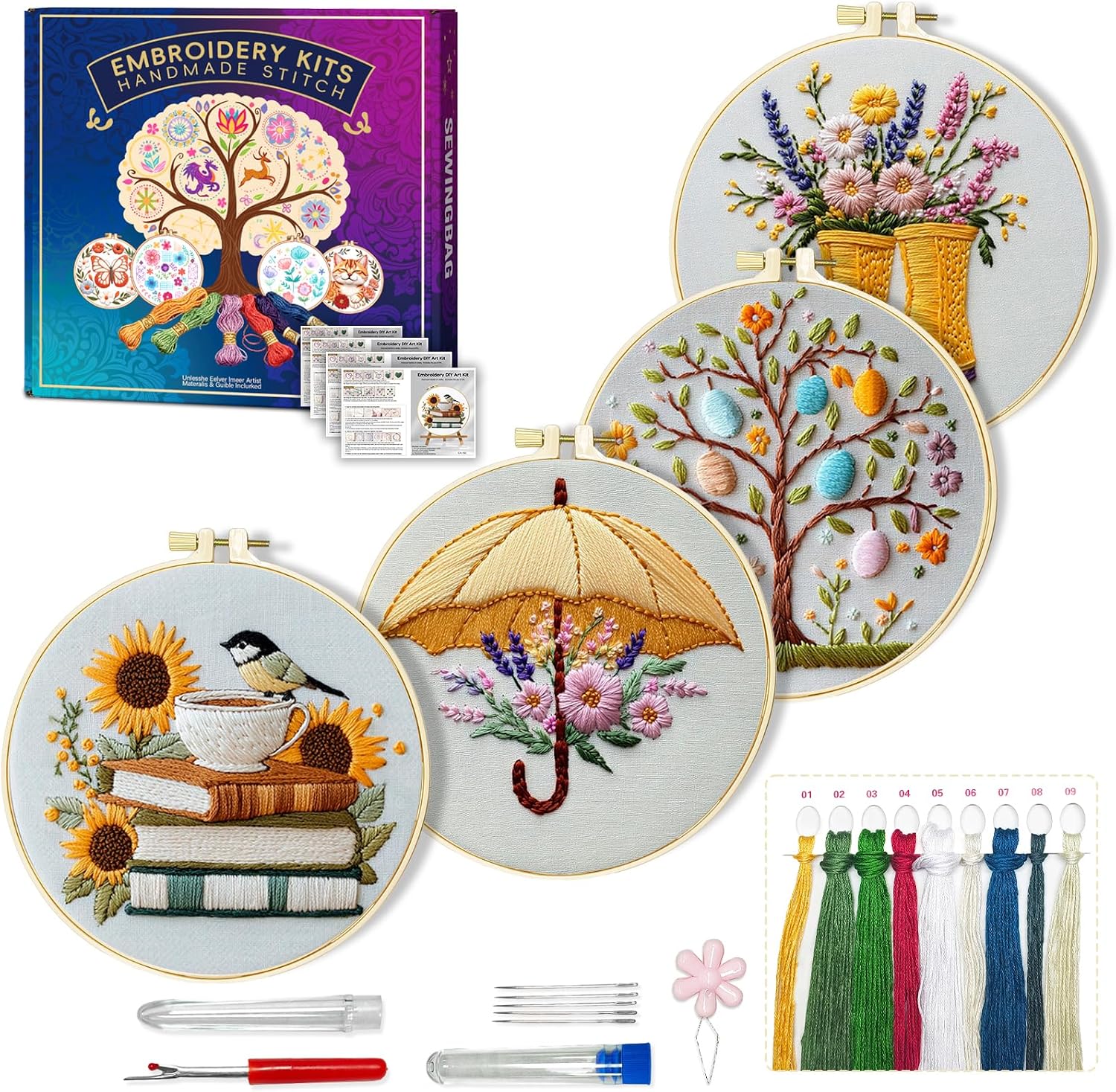 Huacan Embroidery Kit for Beginners,Pre-Stamped Pattern Kits for Adults with Hoop, Easy to Follow Color Thread Needlework