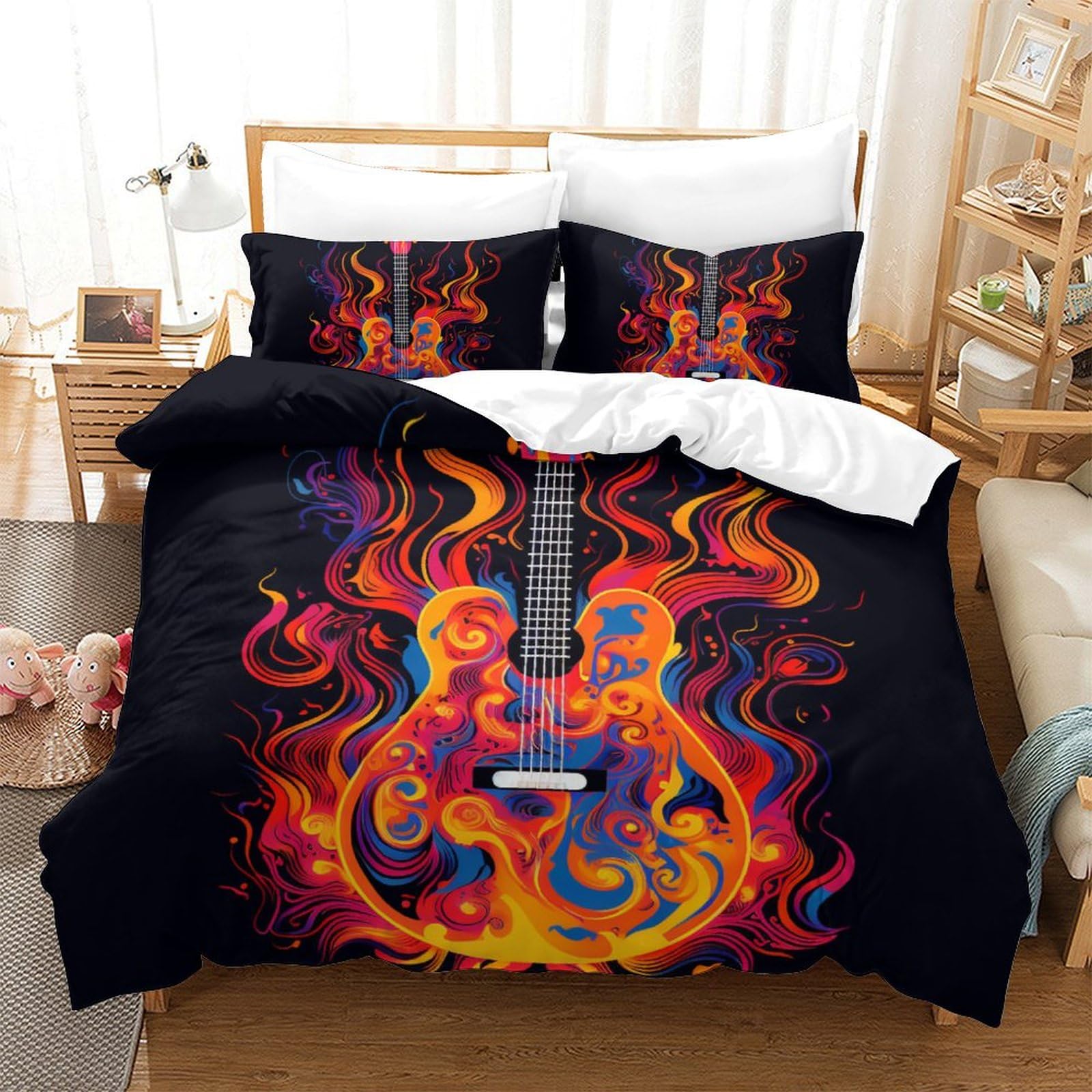 Housse de couette guitare microfibre King 220x240 cm parure de lit 3 pièces imprimé 3D avec taies