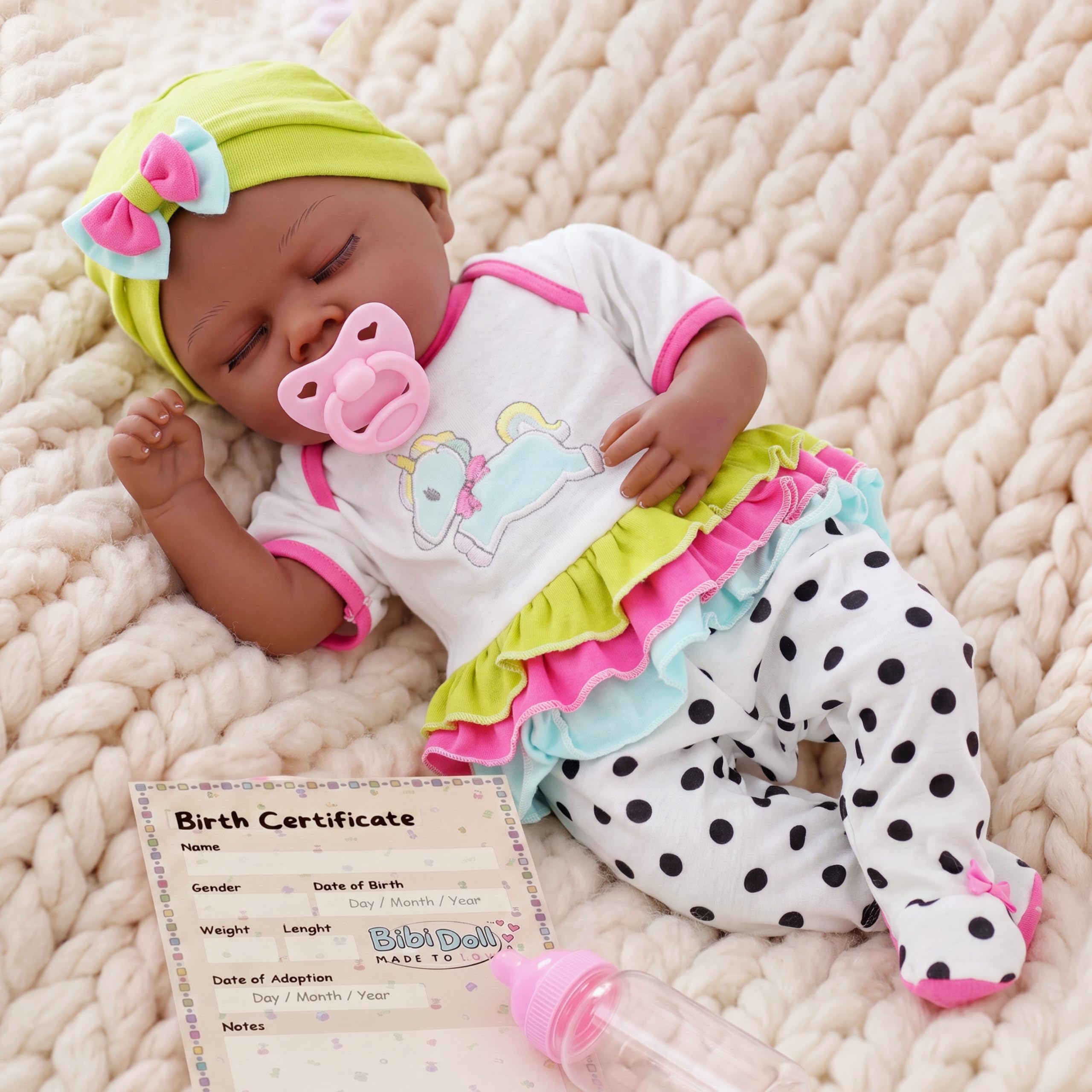 The Magic Toy Shop BiBi Doll Ethnic Black Reborn Baby Doll Fay - 20'' Lifelike Realistic Sleeping Baby with Dummy, Bottle, Birth Certificate and Luxury Clothes - Dolls for Girls Age 3 +