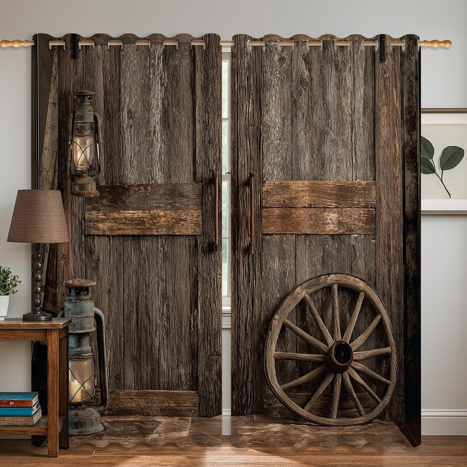 Wood Blackout Curtains, Rustic Farmhouse Lantern Wagon Wheel Fall Brown Thermal Insulated Privacy Curtains for Office Window Decor 52x72 Inch