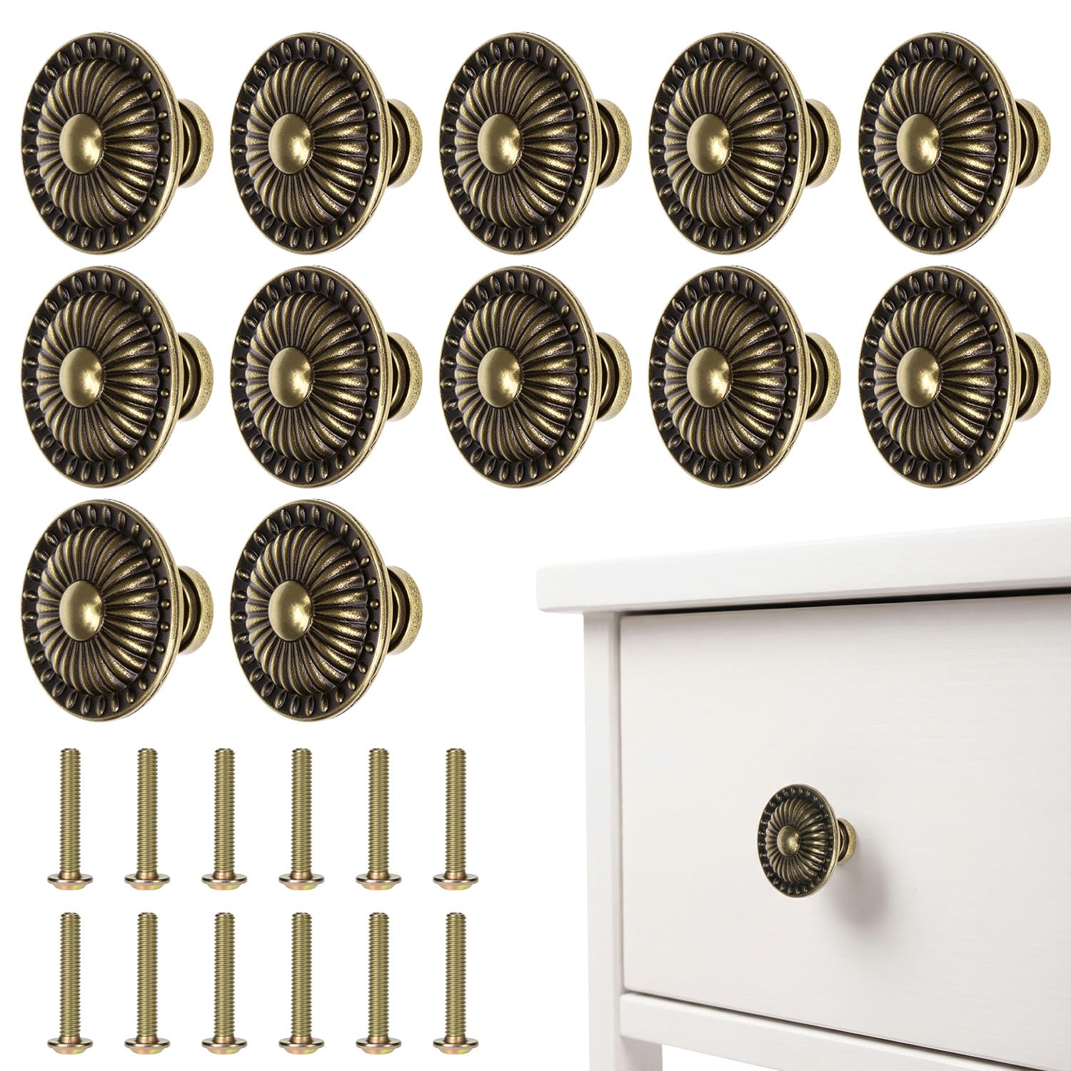 QWORK® 12 Pcs Vintage Cabinet Knobs, 32mm Antique Bronze Drawer Pulls – for Cupboards, Wardrobes & Dressers – Round Retro Furniture Hardware