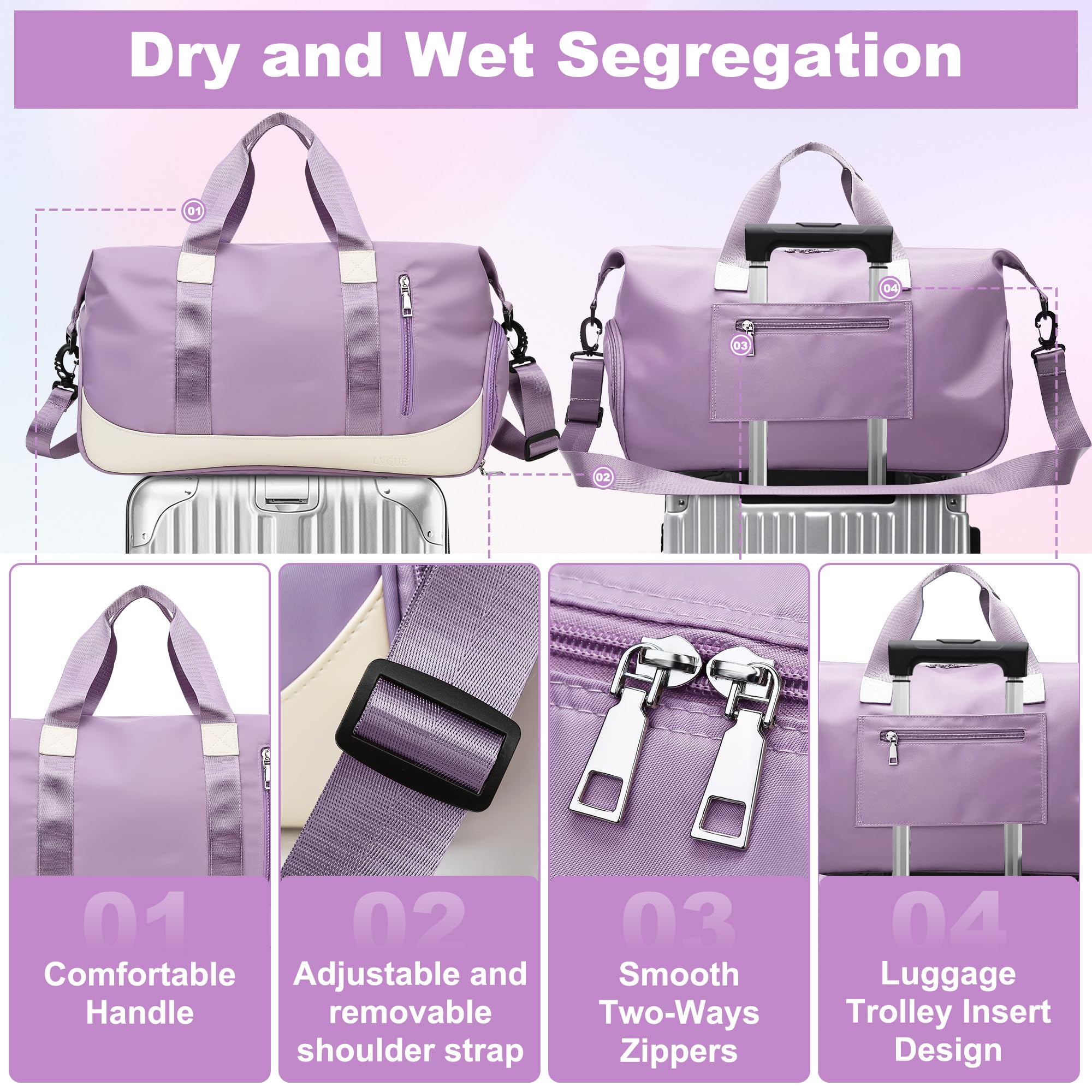 Borsone Palestra 40L Borsa da Viaggio Pieghevole Donna con Scomparto per Scarpe e Bagnato Impermeabili, Grande Borsa Sportiva Weekend Impermeabile Tote Travel Bag Per Piscina Sport Gym, Viola