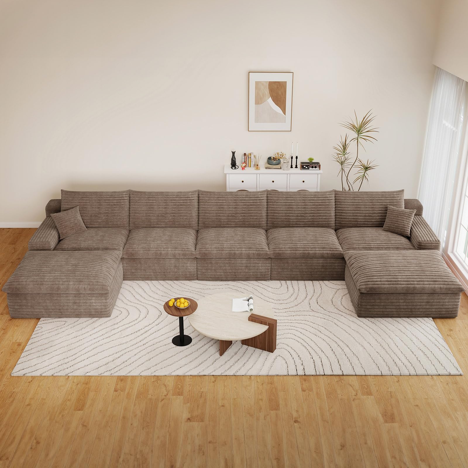 165" Cloud Couch Modular Sectional Sofa for Living Room, U-Shape Boneless Couch with Deep Seat, Modern Corduroy 5-Seater with Ottomans, No Assembly Required, Camel