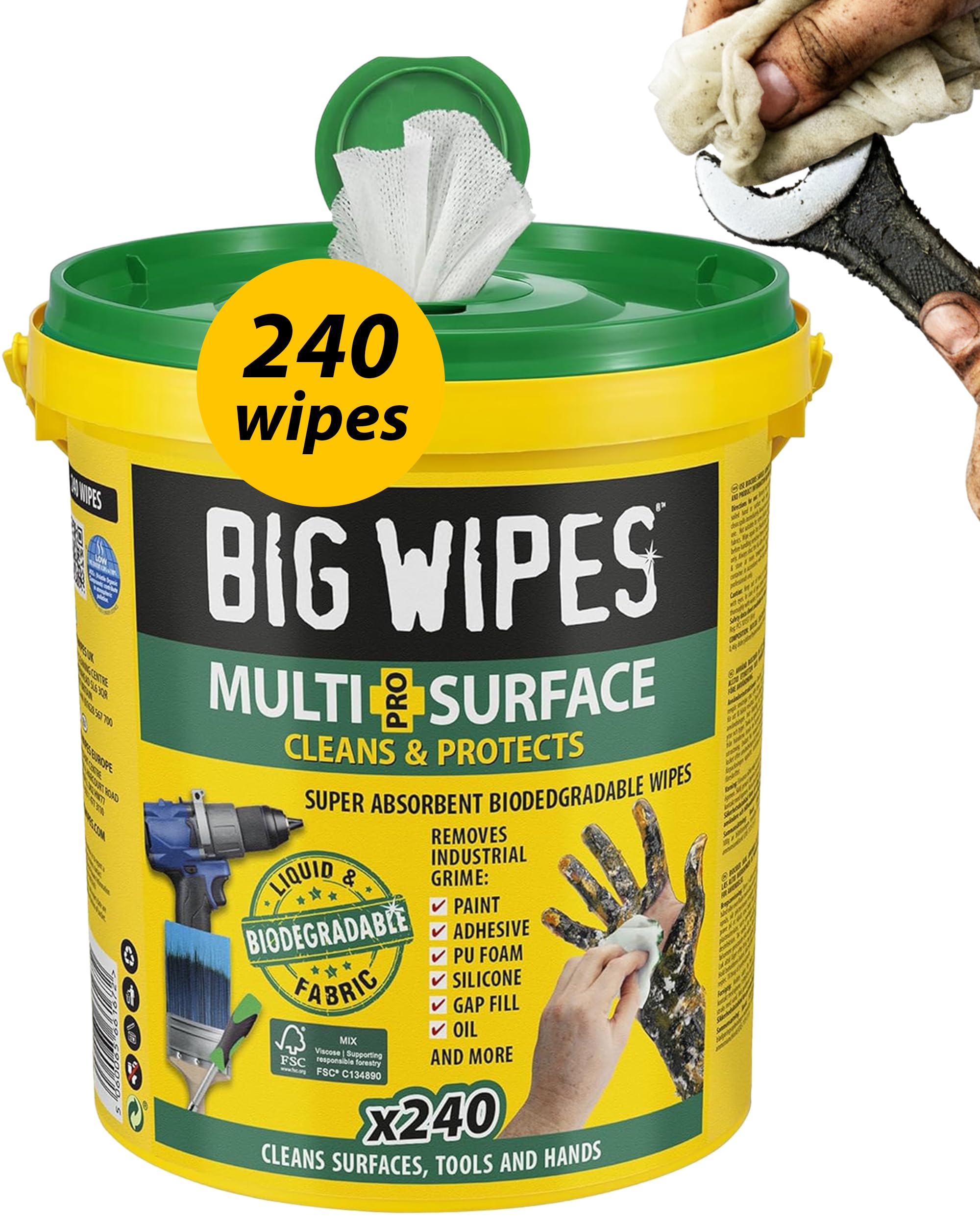 Big Wipes Multi-Surface Cleaning Wipes – Absorbent Surface & Hand Wipes – 4 Power Solvents & 4 Skin Conditioners – Industrial Cleaning Products – Heavy Duty Hand Cleaner – Dispenser Bucket X240