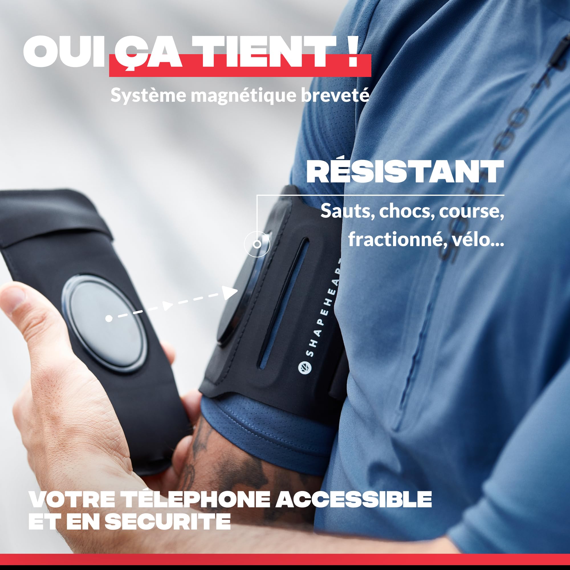Shapeheart Brassard Téléphone Sport Magnétique - Pochette Résistante Pluie Détachable XL - Running, Trail, Randonnée - Maintien Optimal - Bras 20 à 38 cm, Universel | Tous Smartphones | Ajustable | Unisexe | Weatherproof | Tactile | Clap et Retrait 1 Gest