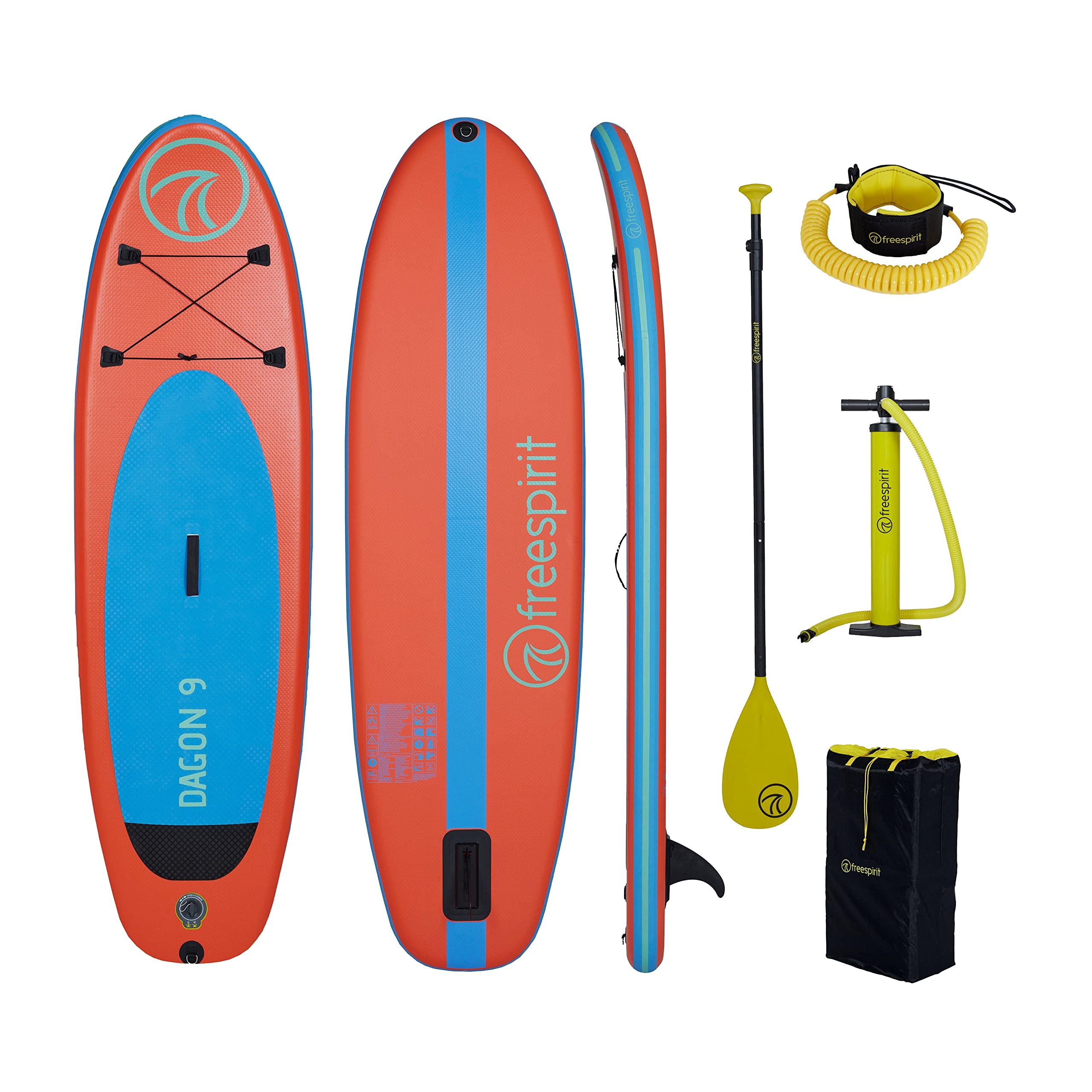 FREESPIRIT Dagon 9ft Stand-up Inflatable Paddle Board Set with Paddle, Pump, Waist & Ankle Leash & Drawstring Carry Bag, Portable & Compact, Ideal for Lakes, Rivers & Small Wave Sea Riding