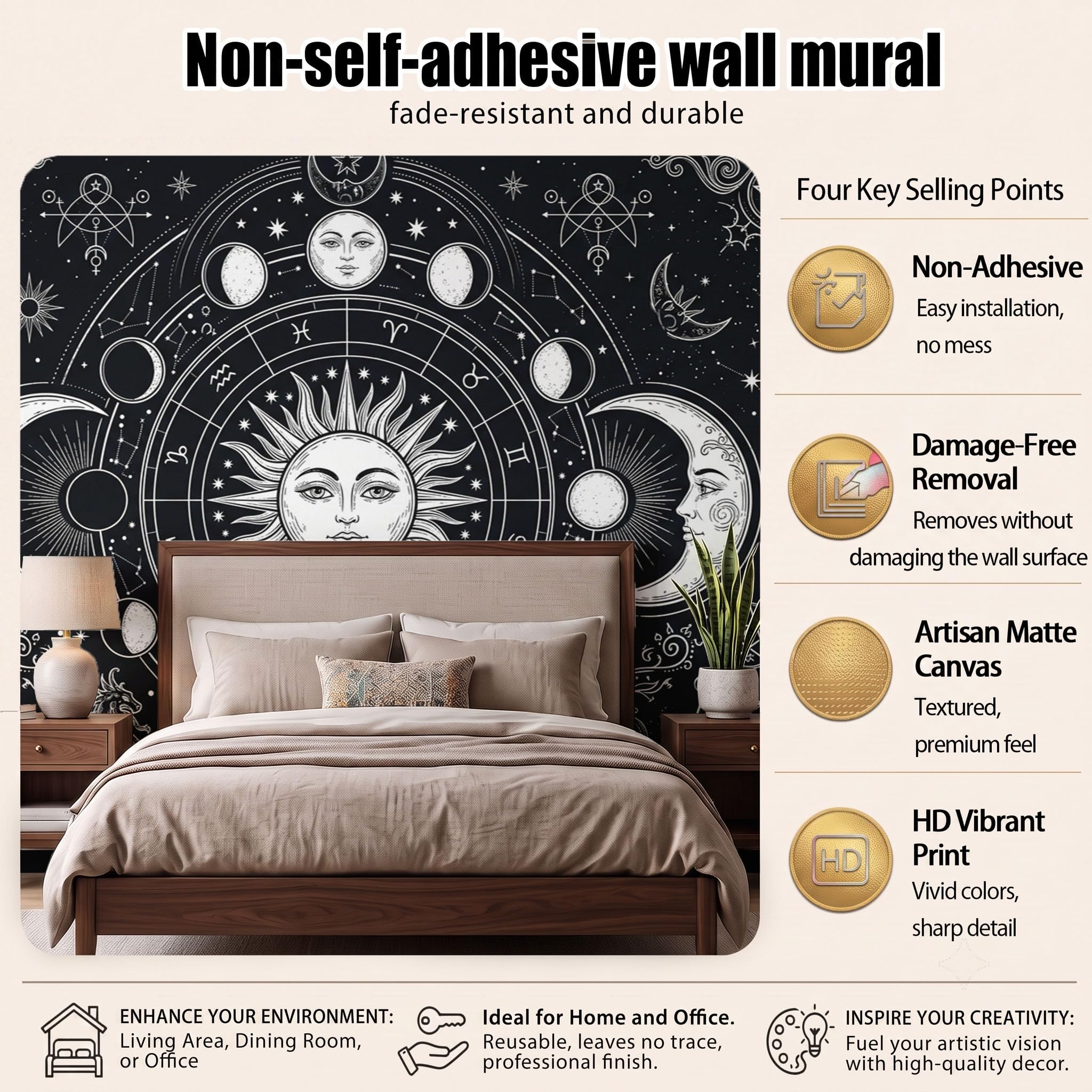 Papier Peint Panoramique Mystère Soleil Lune Portrait 400X280Cm Murale Photo | Paysage De Tarot Bohème Noir Et Blanc Tapisserie Murales Papier Peint Intissé Pour Chambre Salon Fond Tv Muraux