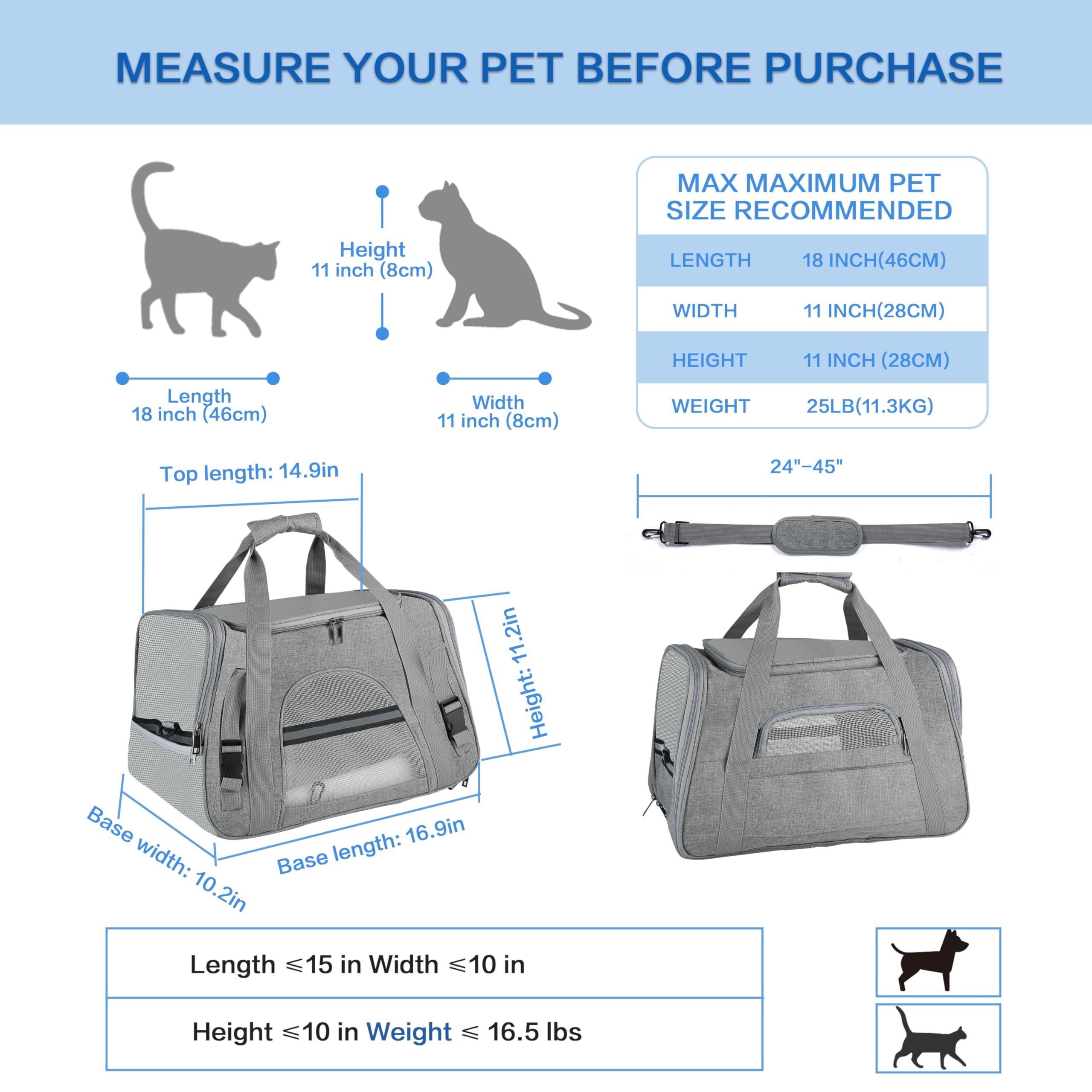 FluffyDream Haustier-Reisetasche, weiche Seiten, tragbare Tasche für Katzen, kleine Hunde, Kätzchen oder Welpen, faltbar, langlebig, von Fluggesellschaften zugelassen, reisefreundlich (grau, 43,2 cm L