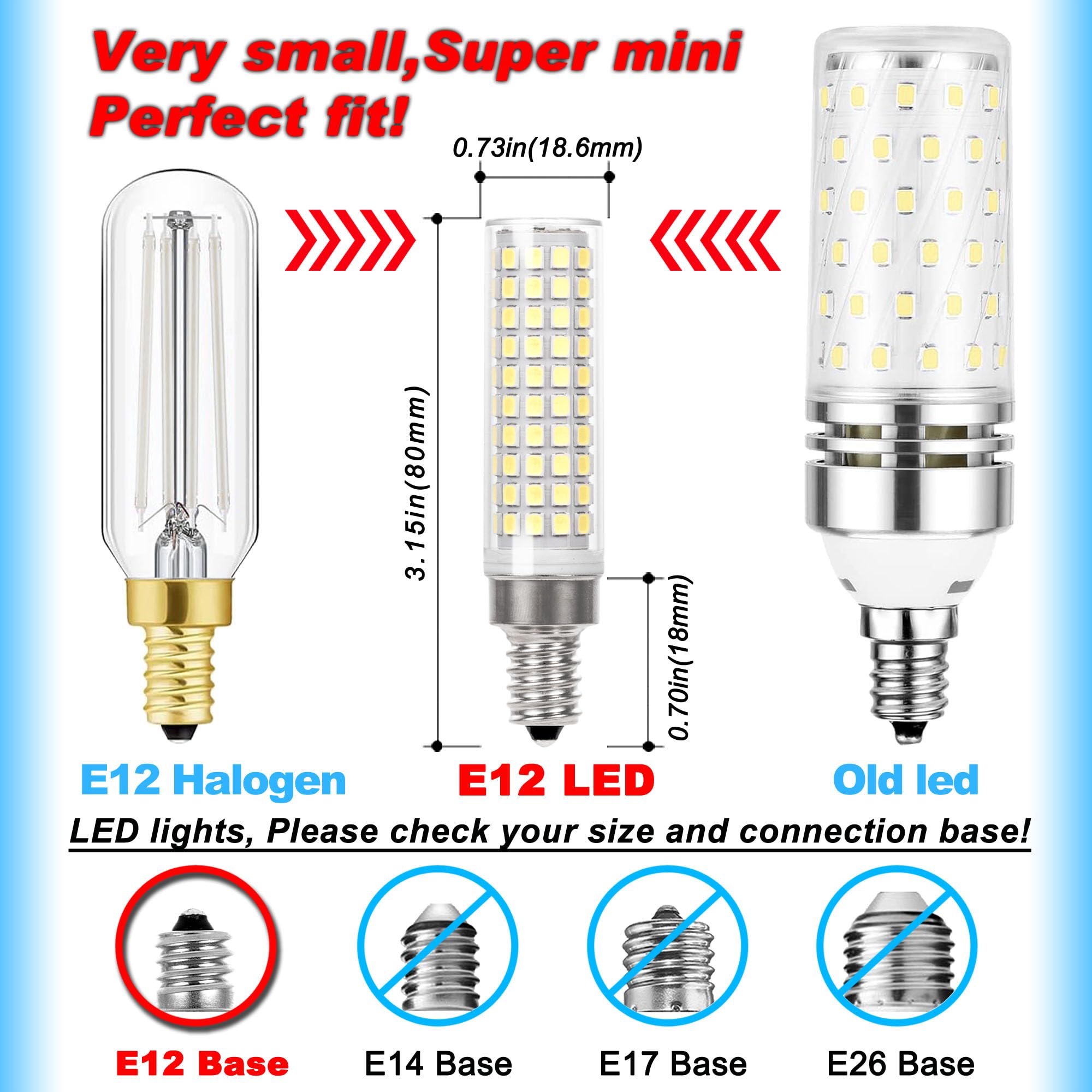E12 100w LED Candelabra Bulbs Replacement C7,6000K Daylight Bright Cool White,1200 Lumen T6 E12 12W LED Candle Bulbs for Ceiling Fan Chandelier Pendant Lighting Salt Lamp,Non-dimmable,2 Pack
