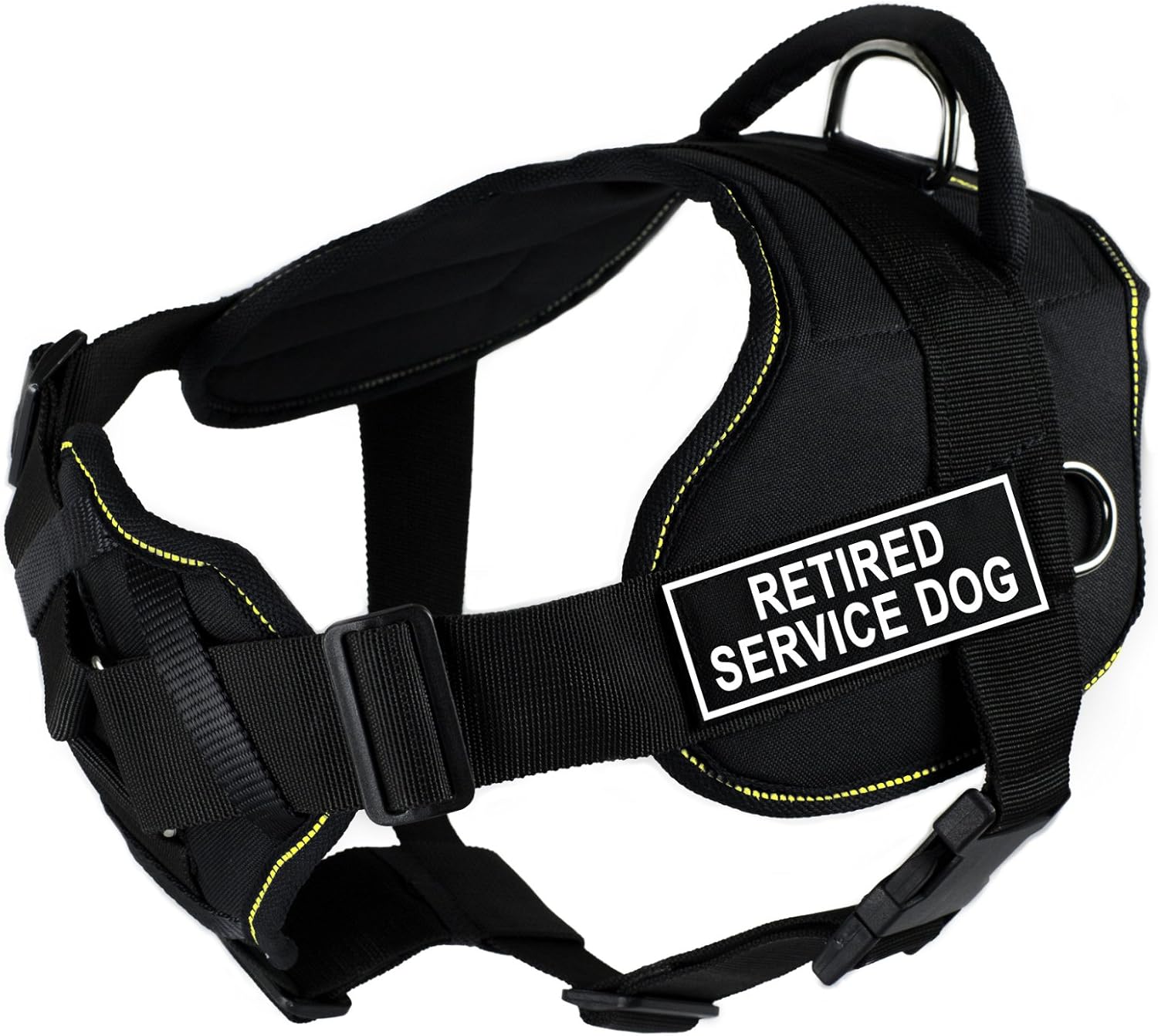 Dean & Tyler Fun Works Retired Service Dog Harness with Padded Chest Piece, Medium, Fits Girth Size: 28-Inch to 34-Inch, Black with Yellow Trim
