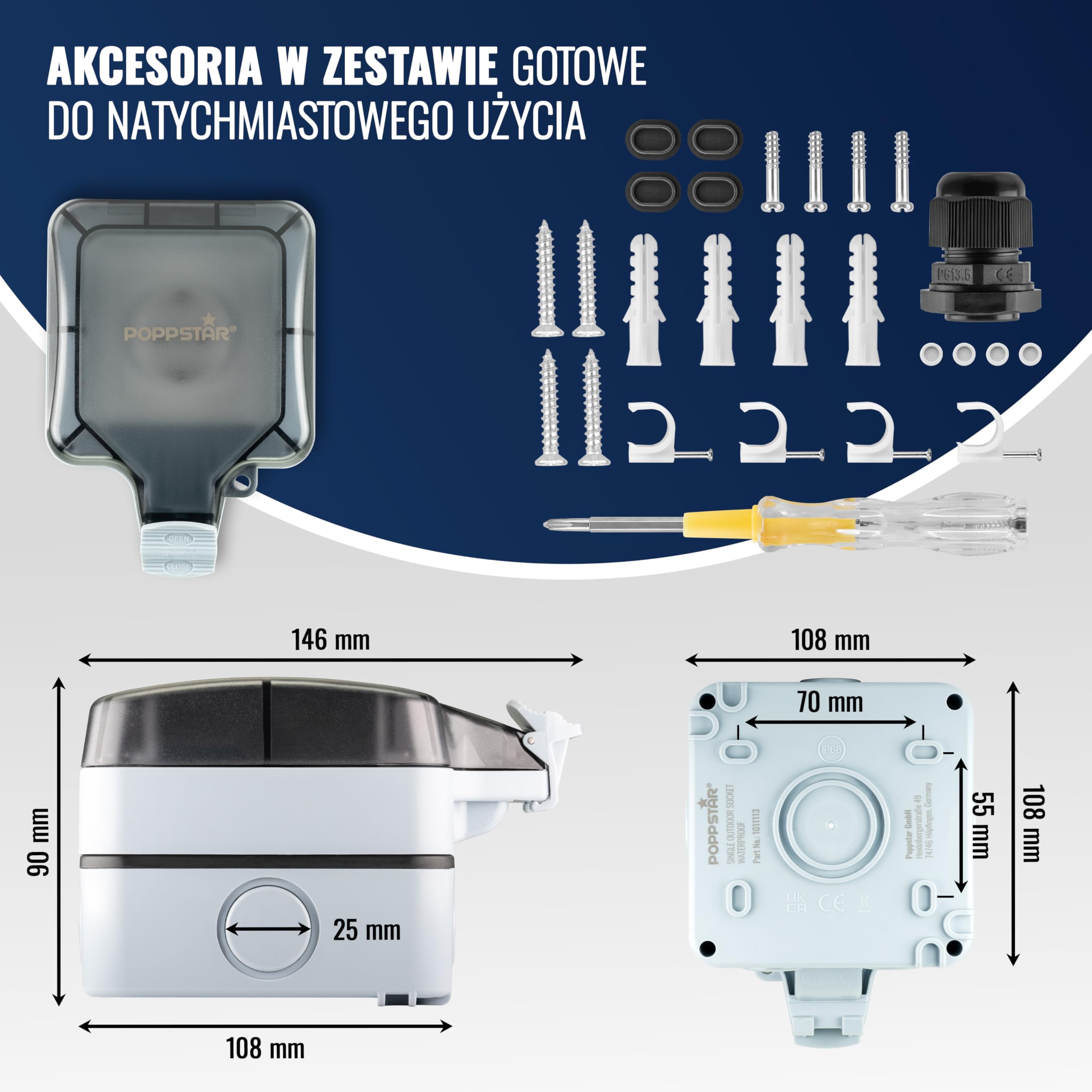 Poppstar wodoodporne gniazdko elektryczne, zewnętrzne, IP66 (gniazdko pojedyncze natynkowe z pokrywą na zawiasach), jasnoszare