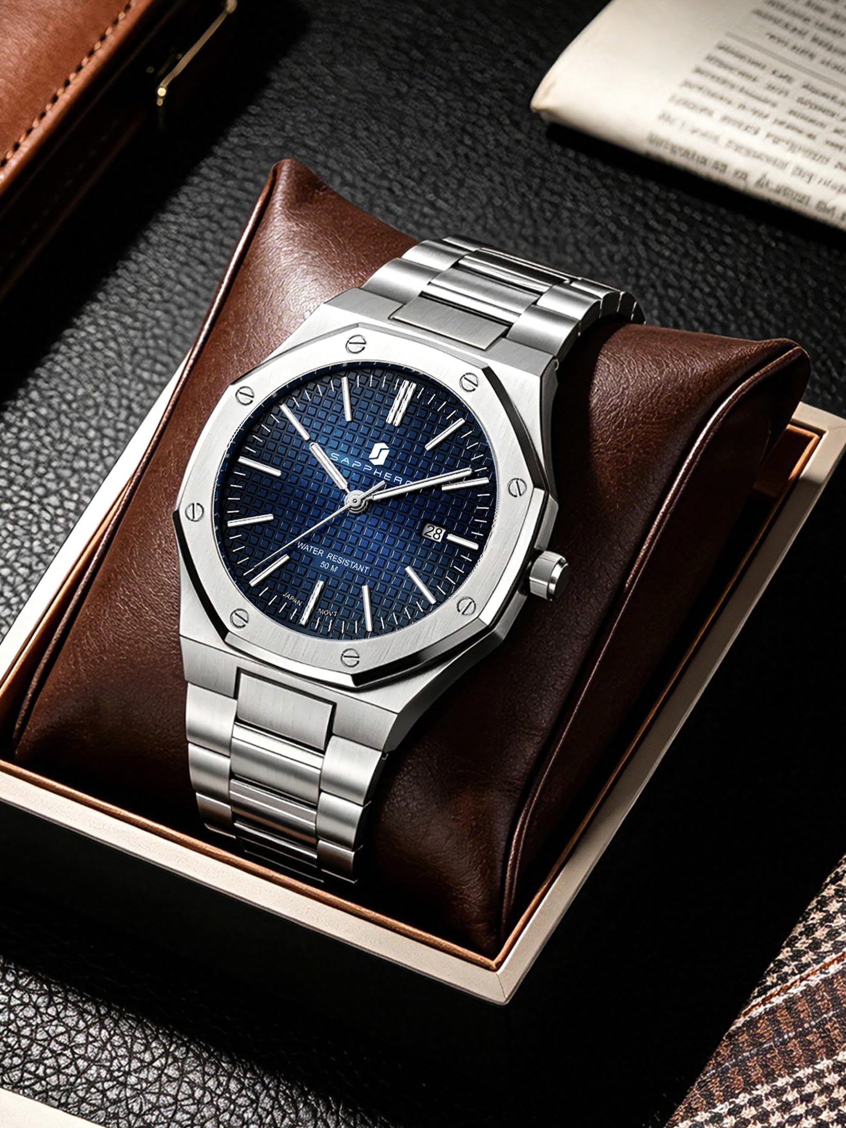 SAPPHERO Montre pour Hommes en Acier Inoxydable Montre Homme 50M Montres octogonales étanches Hommes Mouvement à Quartz Japonais Affaires décontractées avec Date et Fonction Lumineuse